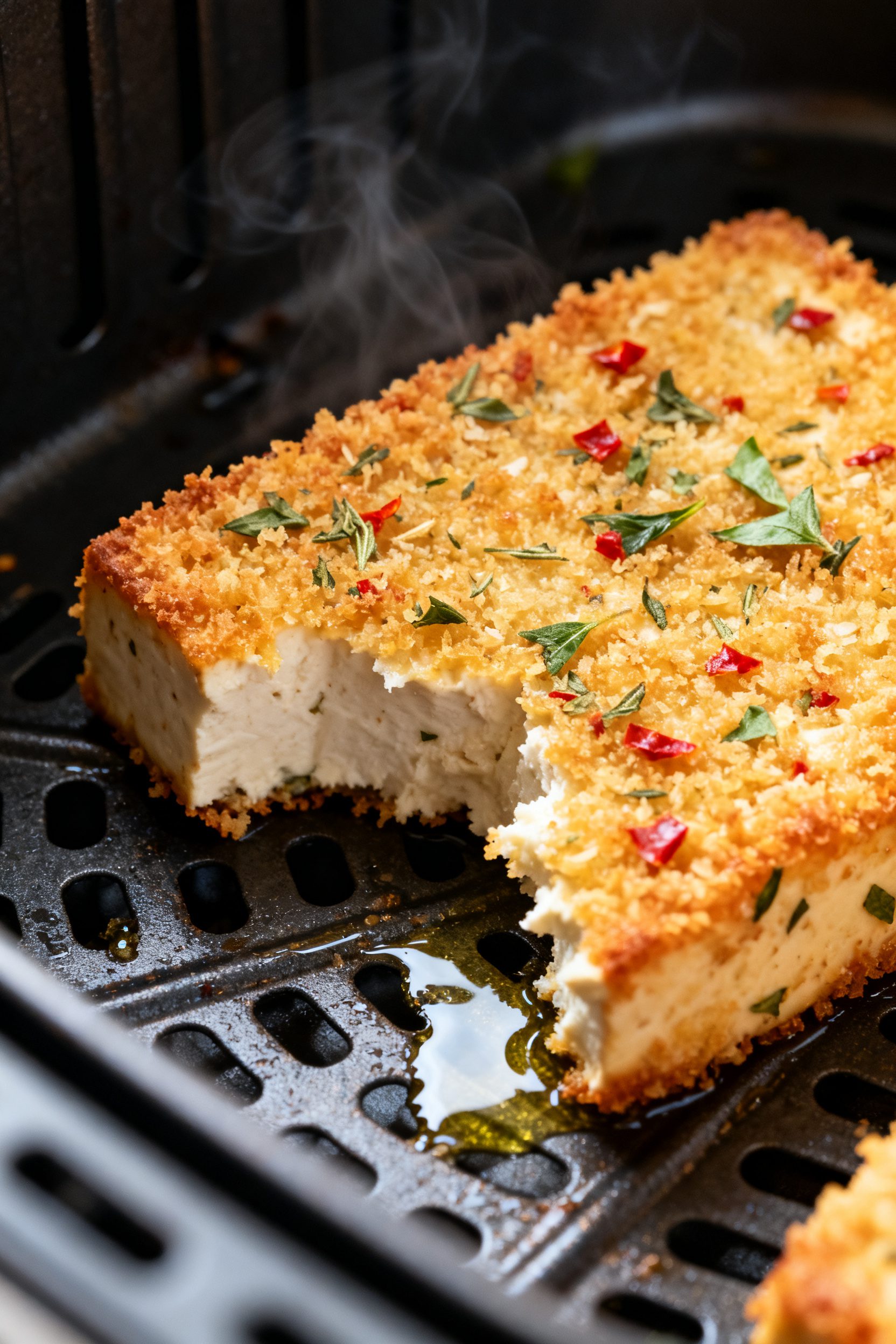 Close-up detail: Ultra-crisp air-fried tofu cutlet just after the first cook, golden panko-Italian b
