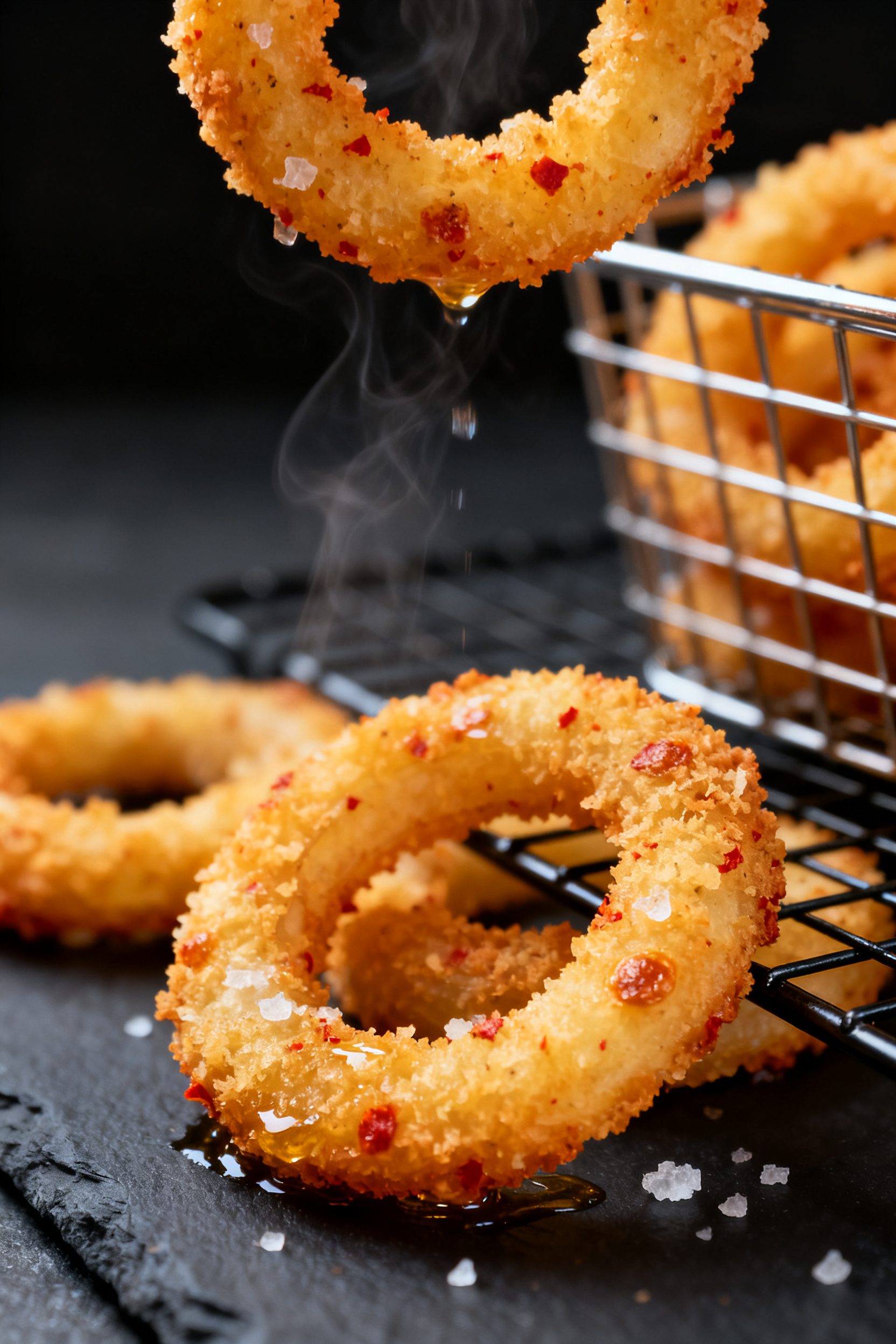 Close-up detail: Ultra-crisp gluten free air-fried onion rings just out of the basket, golden panko 