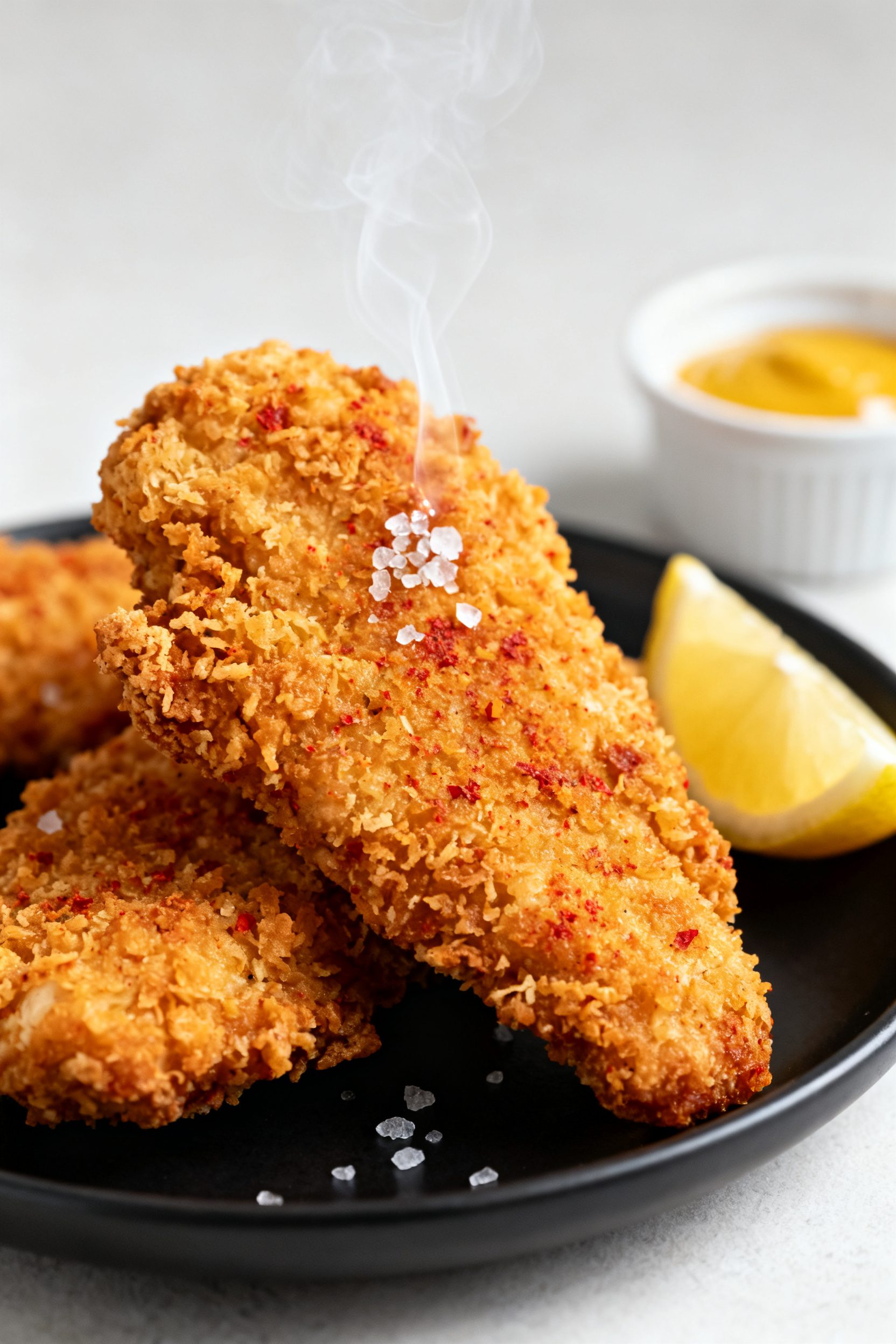 Close-up detail: Ultra-crisp gluten-free chicken tender just out of the air fryer, golden panko crus