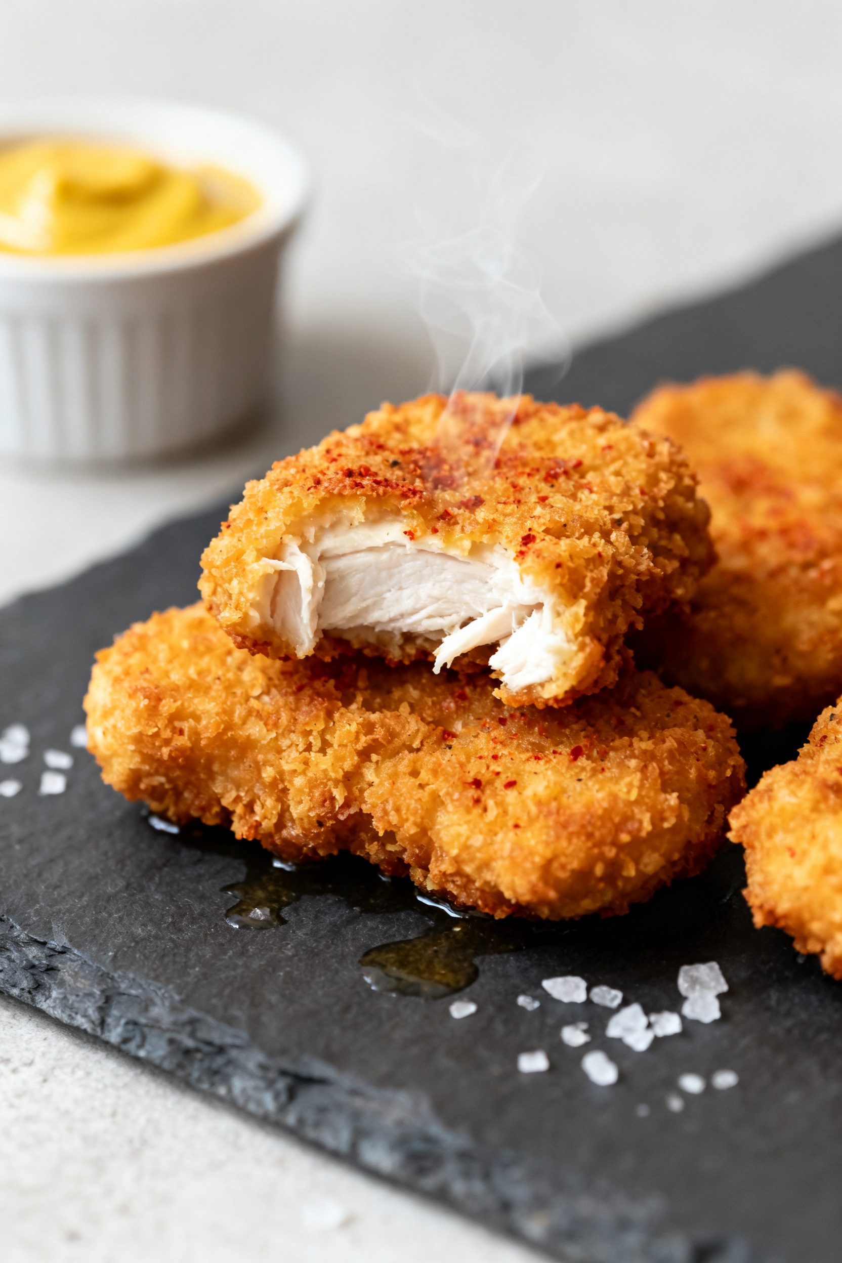 Close-up detail: Ultra-crisp, golden-brown gluten free chicken nuggets just out of the air fryer, st