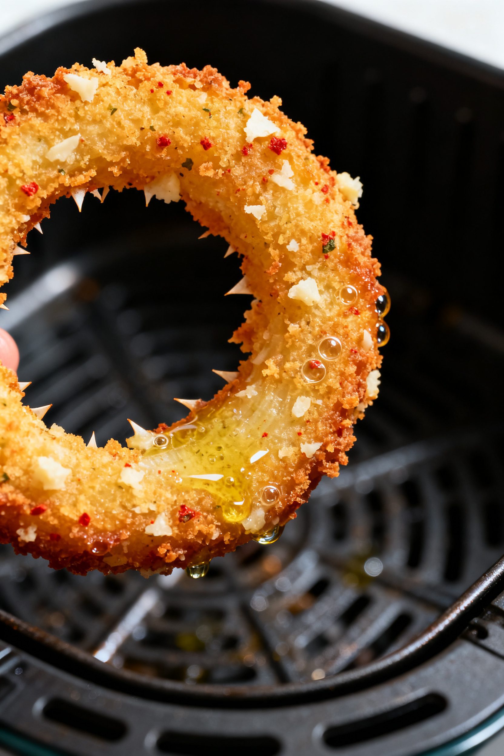 Close-up detail: Ultra-crisp low-carb onion ring just out of the air fryer basket, golden-brown almo
