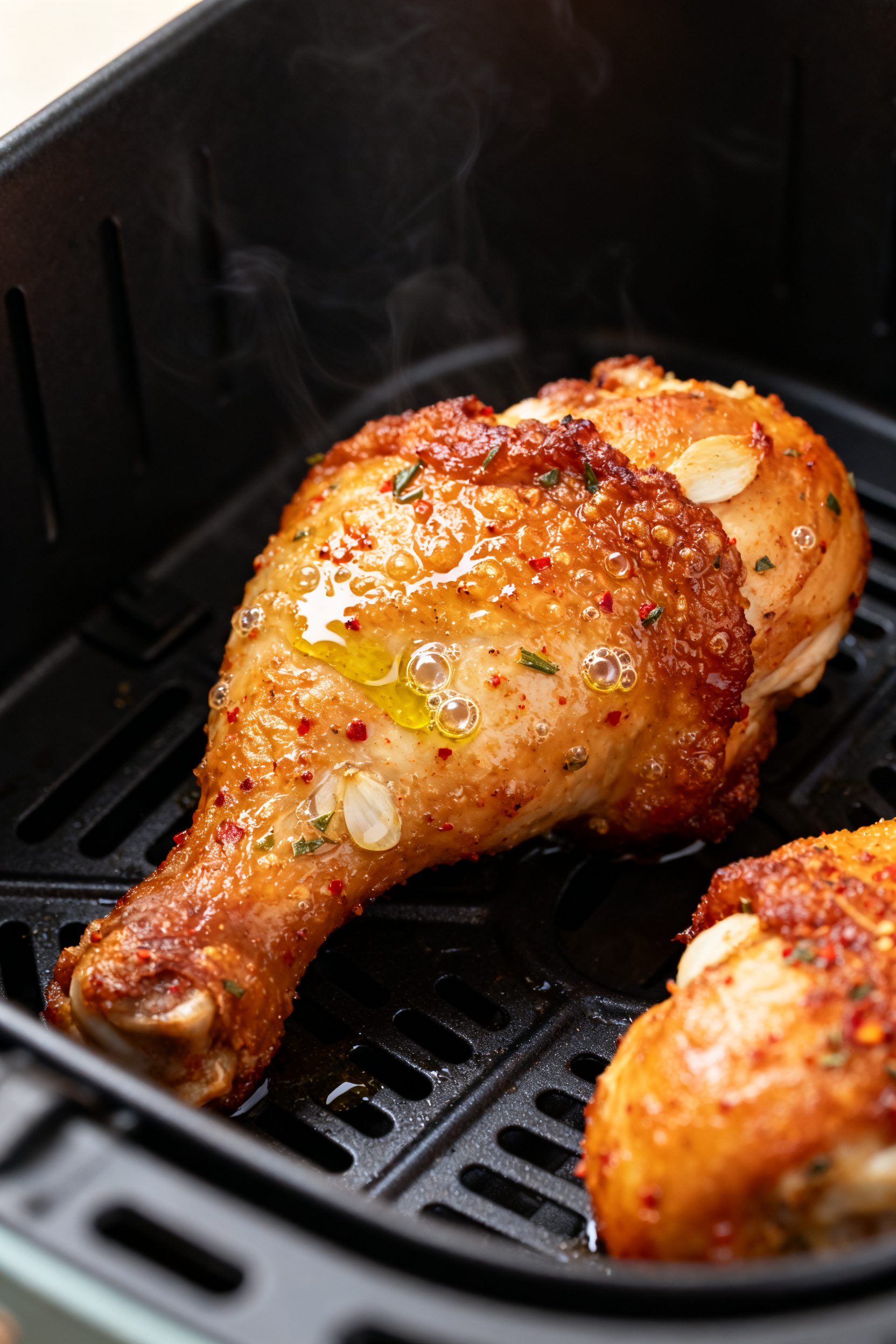 Close-up detail: Ultra-crispy air-fried chicken drumstick fresh from the basket, golden-brown bliste