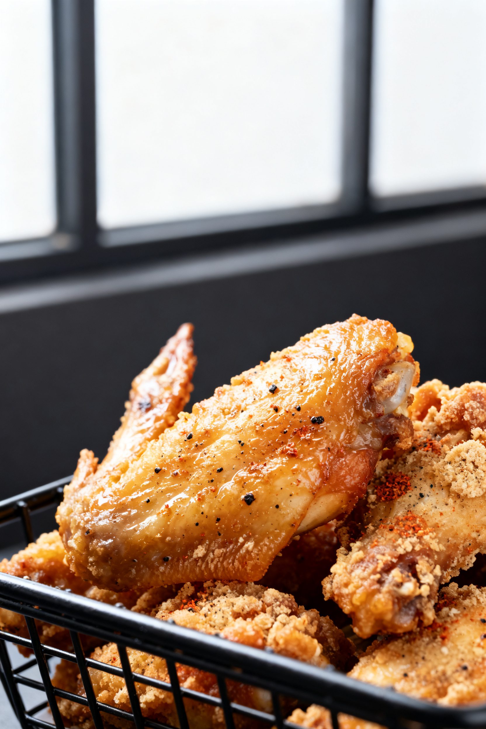 Close-up detail: Ultra-crispy air-fried chicken wings just out of the basket, skin blistered and gol