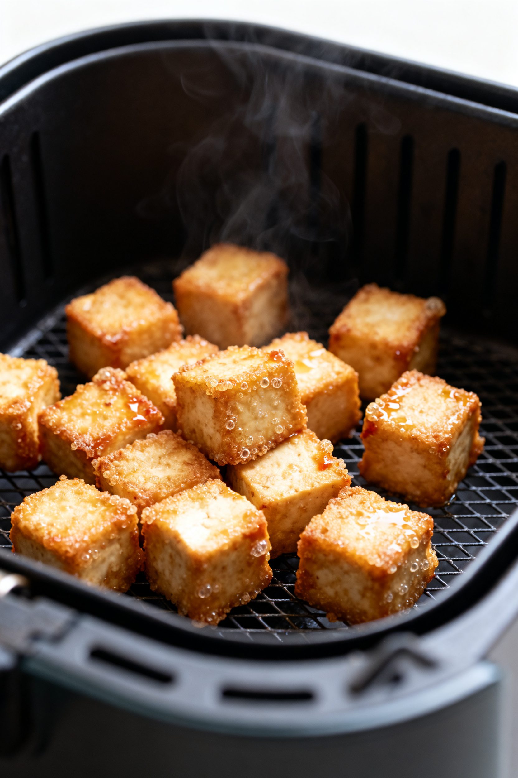 Close-up detail: Ultra-crispy air-fried General Tso tofu cubes just out of the basket at 390°F, gol