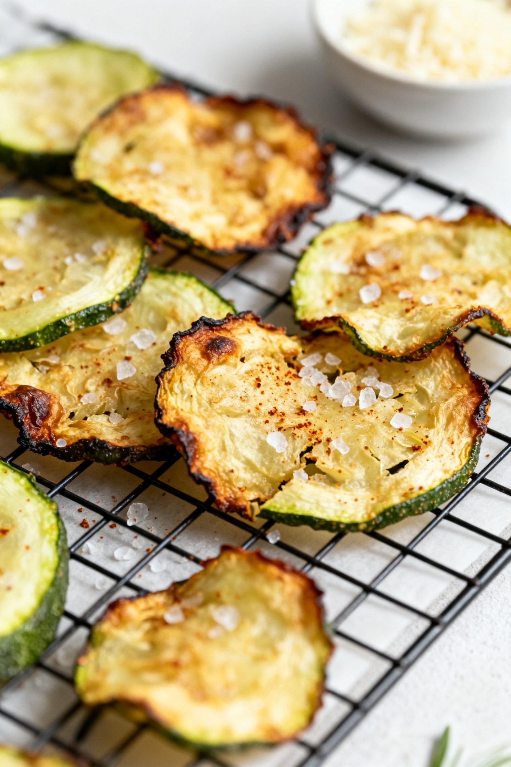 Close-up detail: Ultra-crispy zucchini chips just out of the air fryer, edges lightly browned and bl