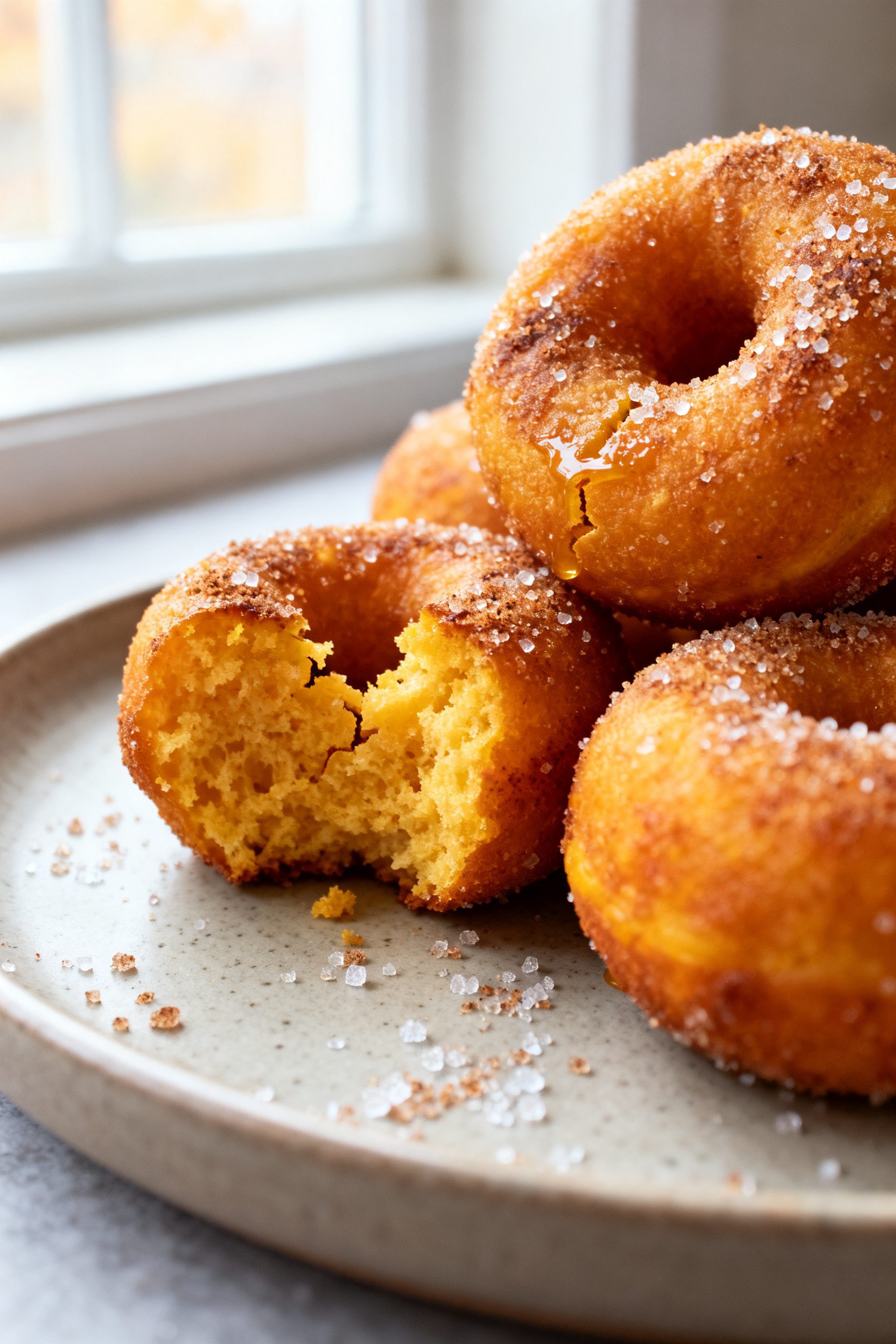 Close-up detail: Warm air-fried pumpkin donut holes just brushed with melted butter and rolled in ci