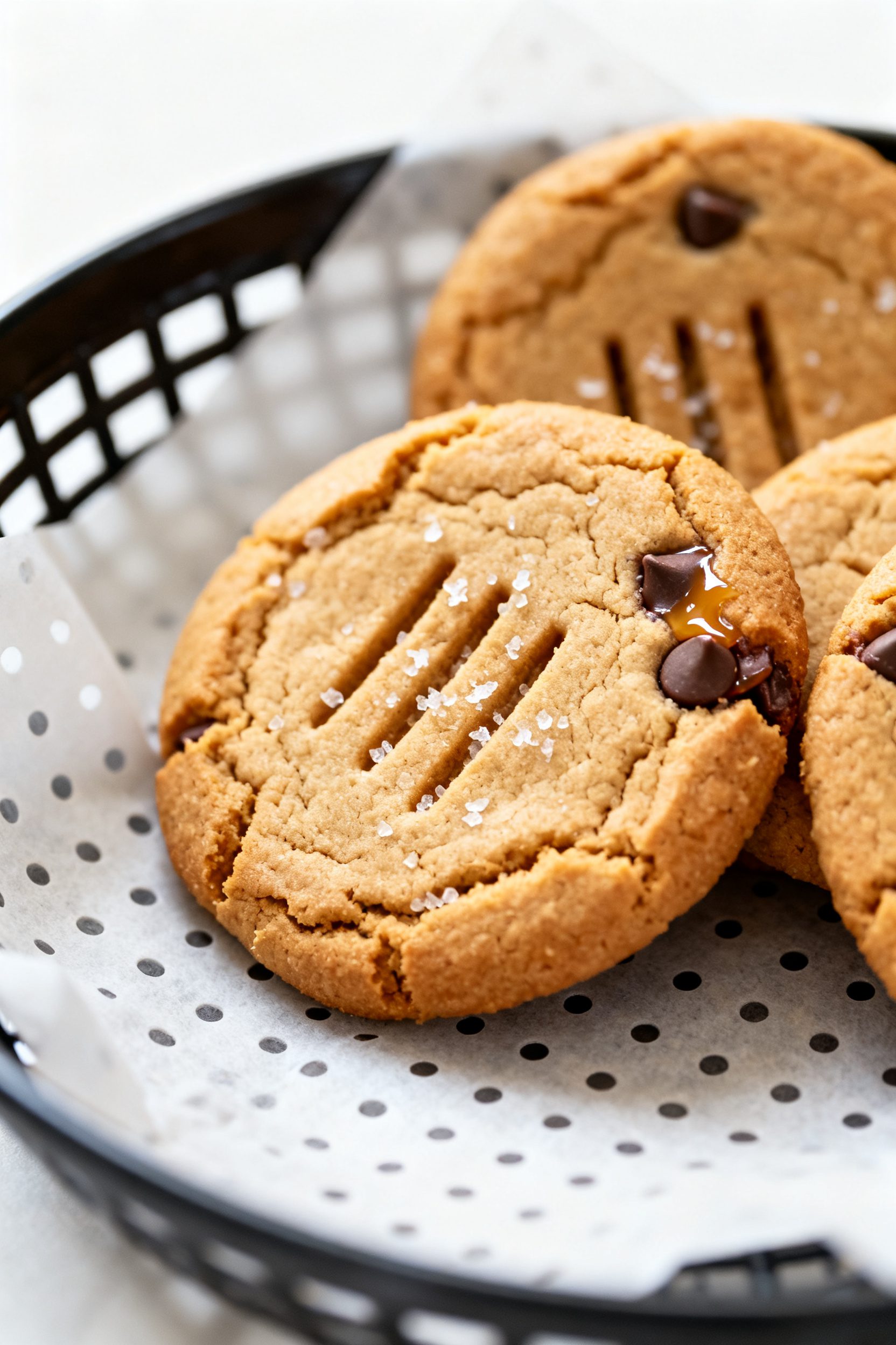 Close-up detail: Warm air fryer peanut butter cookies just out of the basket, edges lightly golden w
