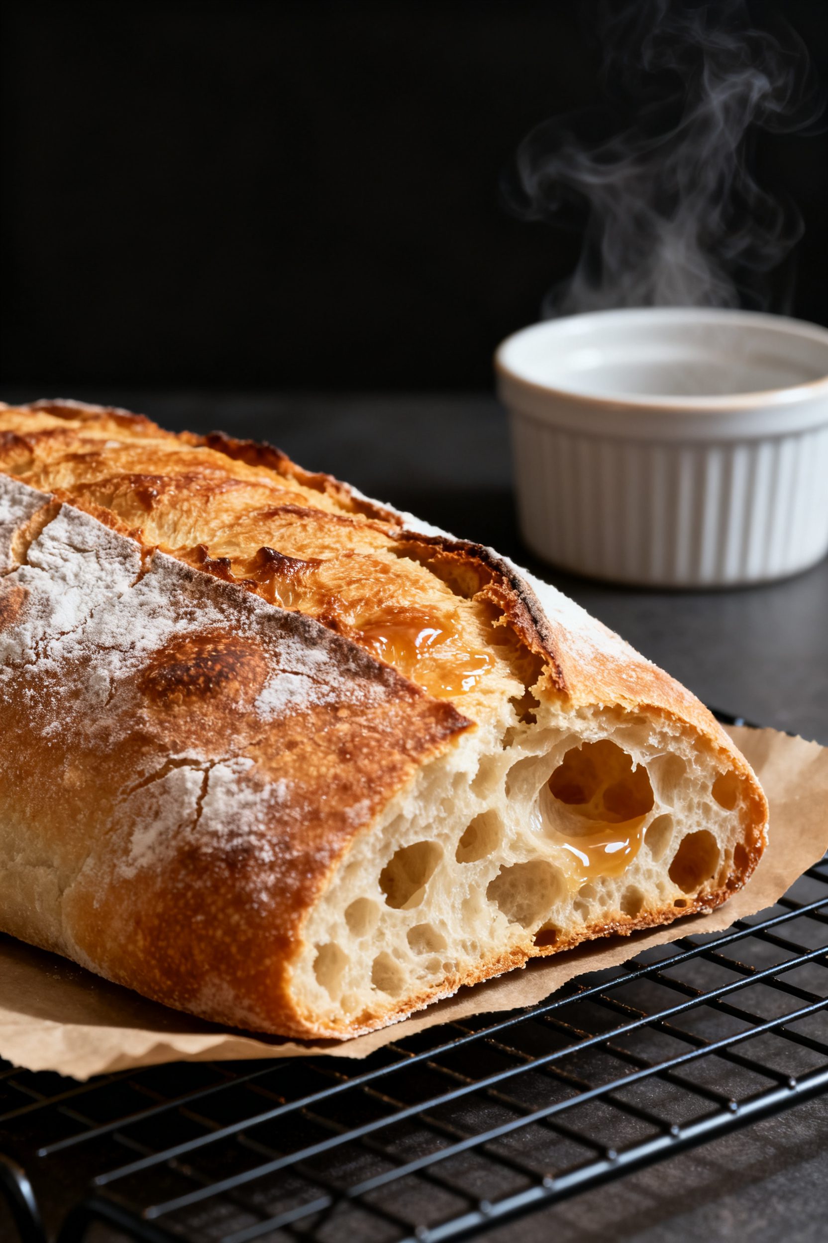 Close-up of freshly air-fried ciabatta loaf resting on a cooling rack, deep golden crust with bliste