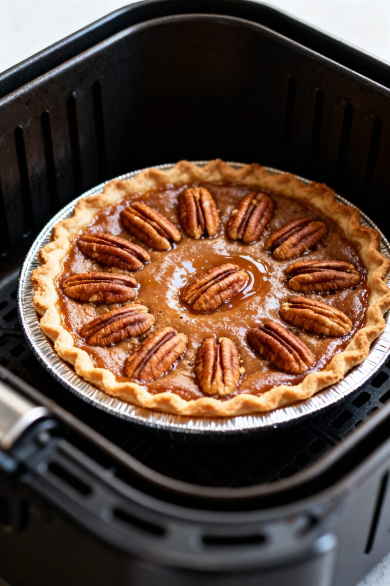 Cooking process, air fryer: Air fryer pecan pie mid-bake at 300°F, close-up through an open basket