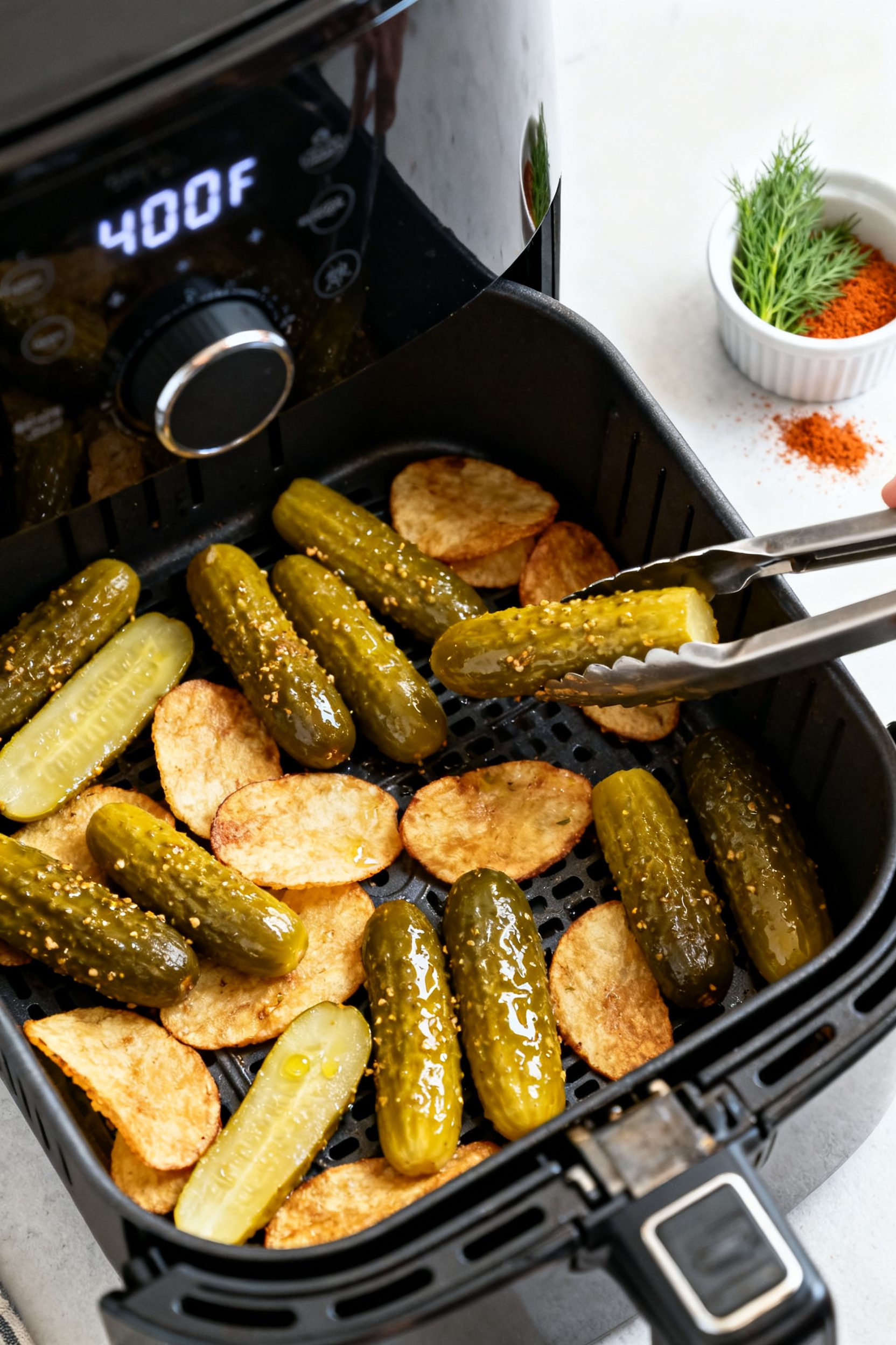 Cooking process: Air fryer basket arranged in a single layer with coated pickle spears and chips mid