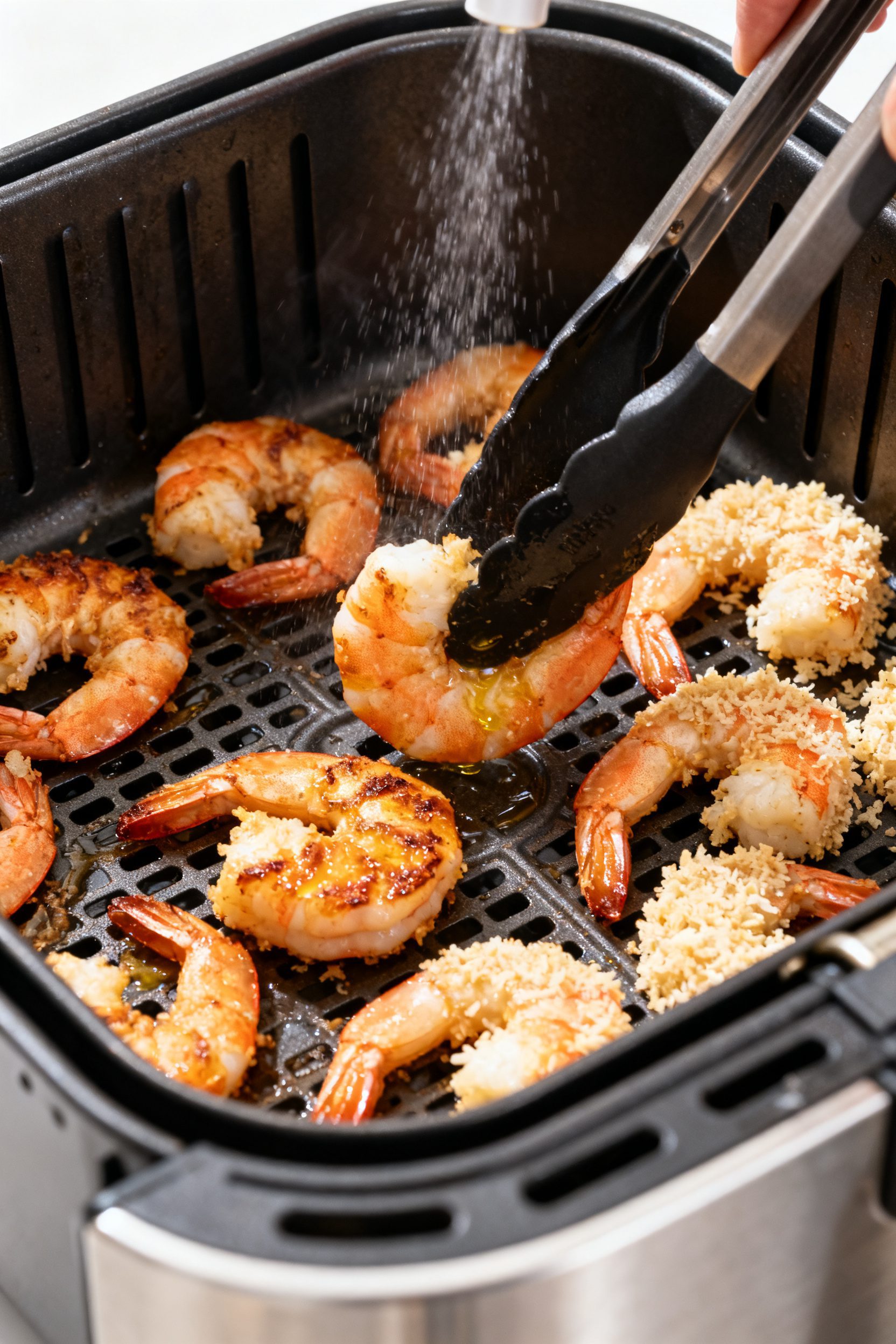 Cooking process: Air fryer basket at 400°F mid-cook, shrimp arranged in a single, uncrowded layer b
