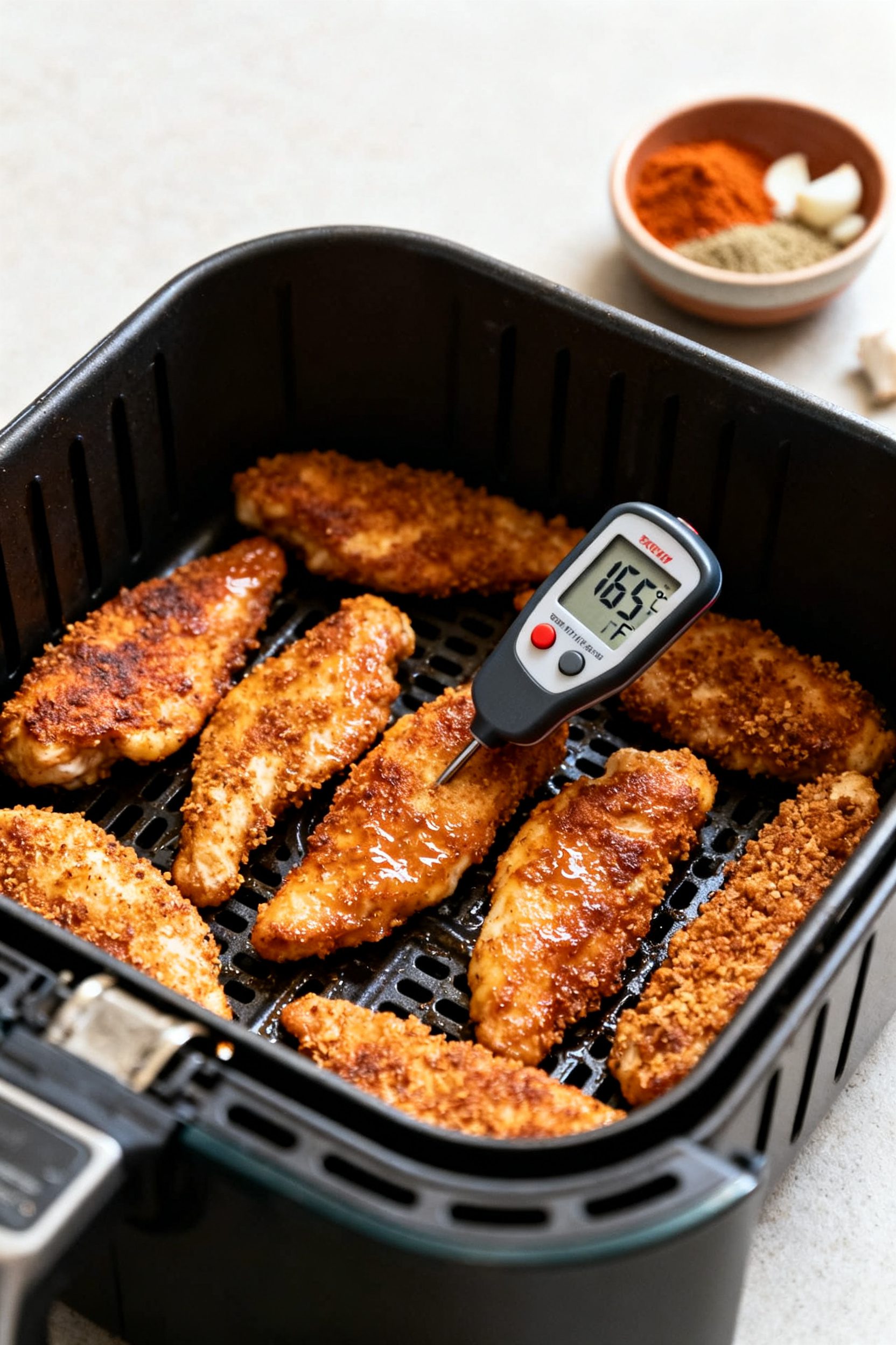 Cooking process: Air fryer basket at 400°F mid-cook, tenders flipped and lightly glistening from oi