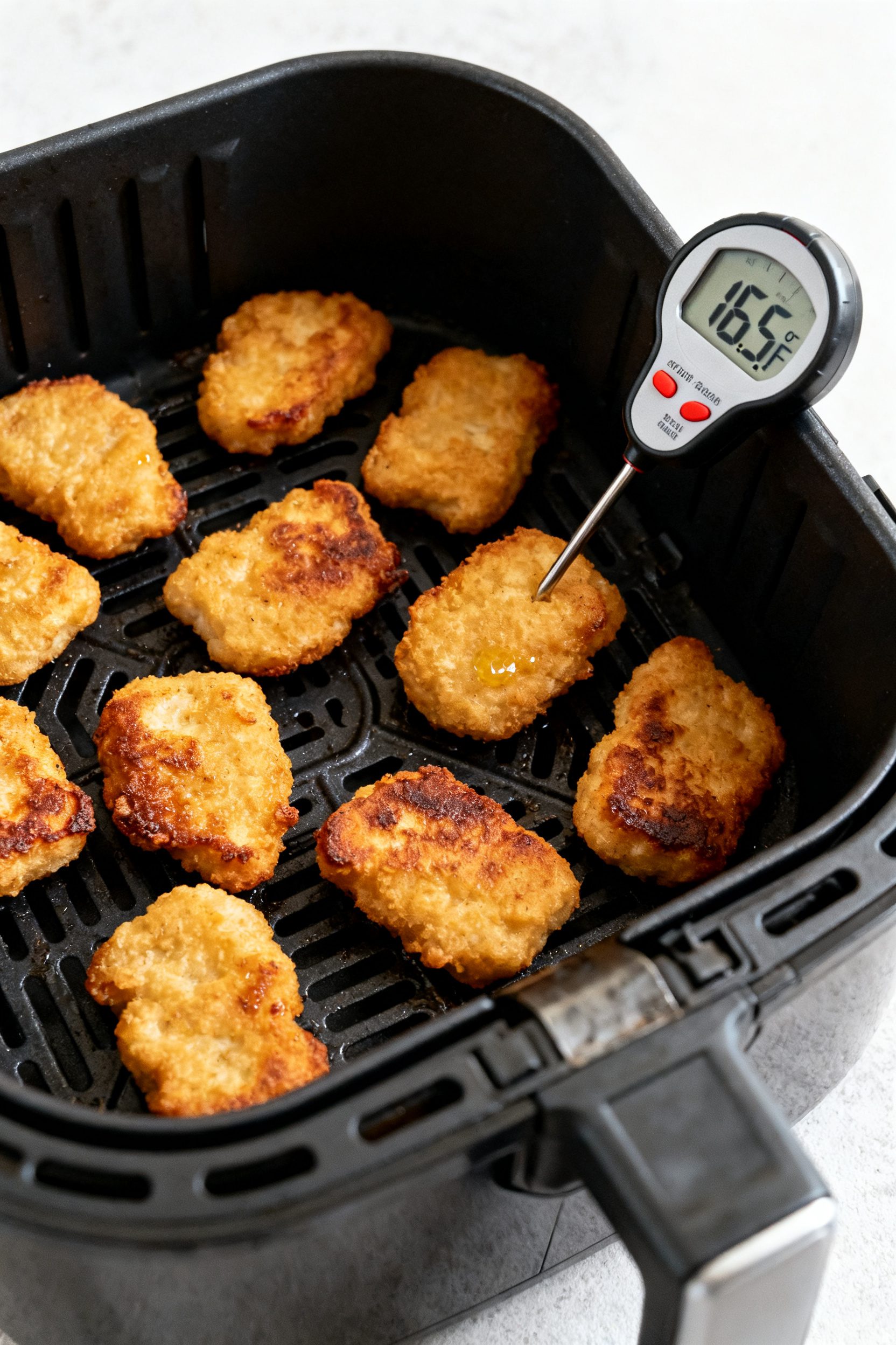 Cooking process: Air fryer basket at 400°F opened mid-cook, evenly spaced nuggets flipped and re-sp