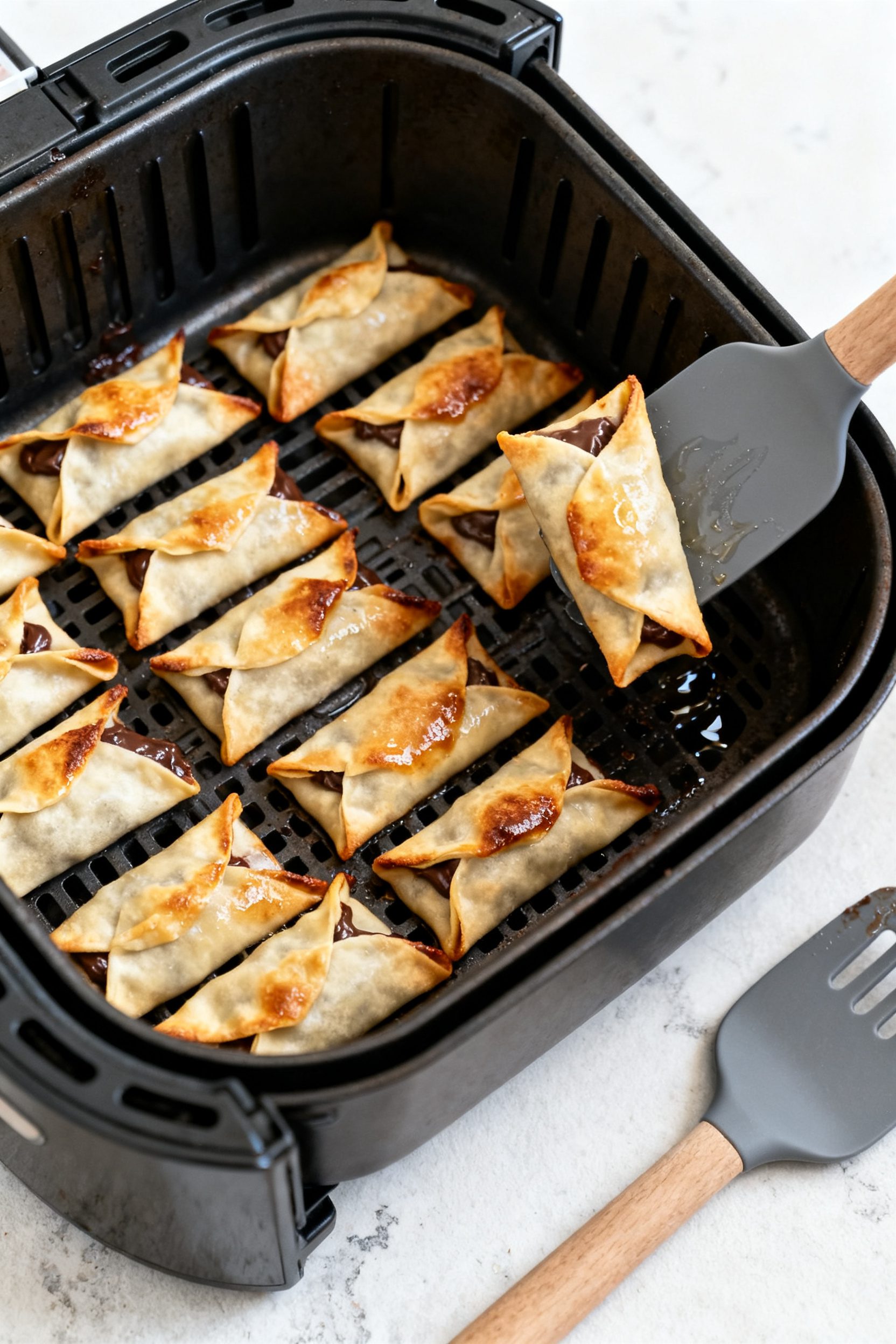 Cooking process: Air fryer basket filled with a single, well-spaced layer of sealed and lightly oile