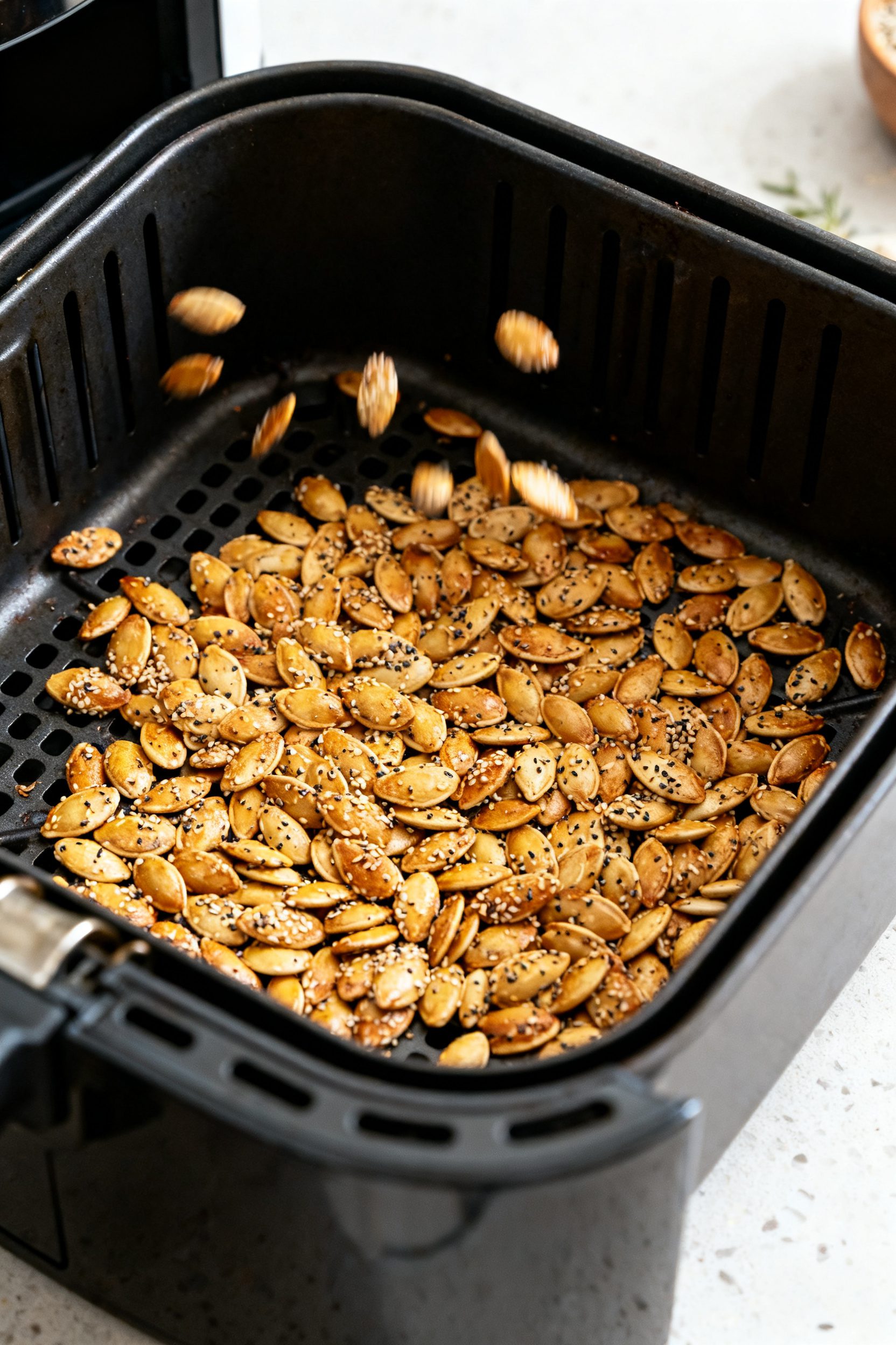 Cooking process: Air fryer basket in mid-shake at 320°F showing an even, single-layer of seasoned s