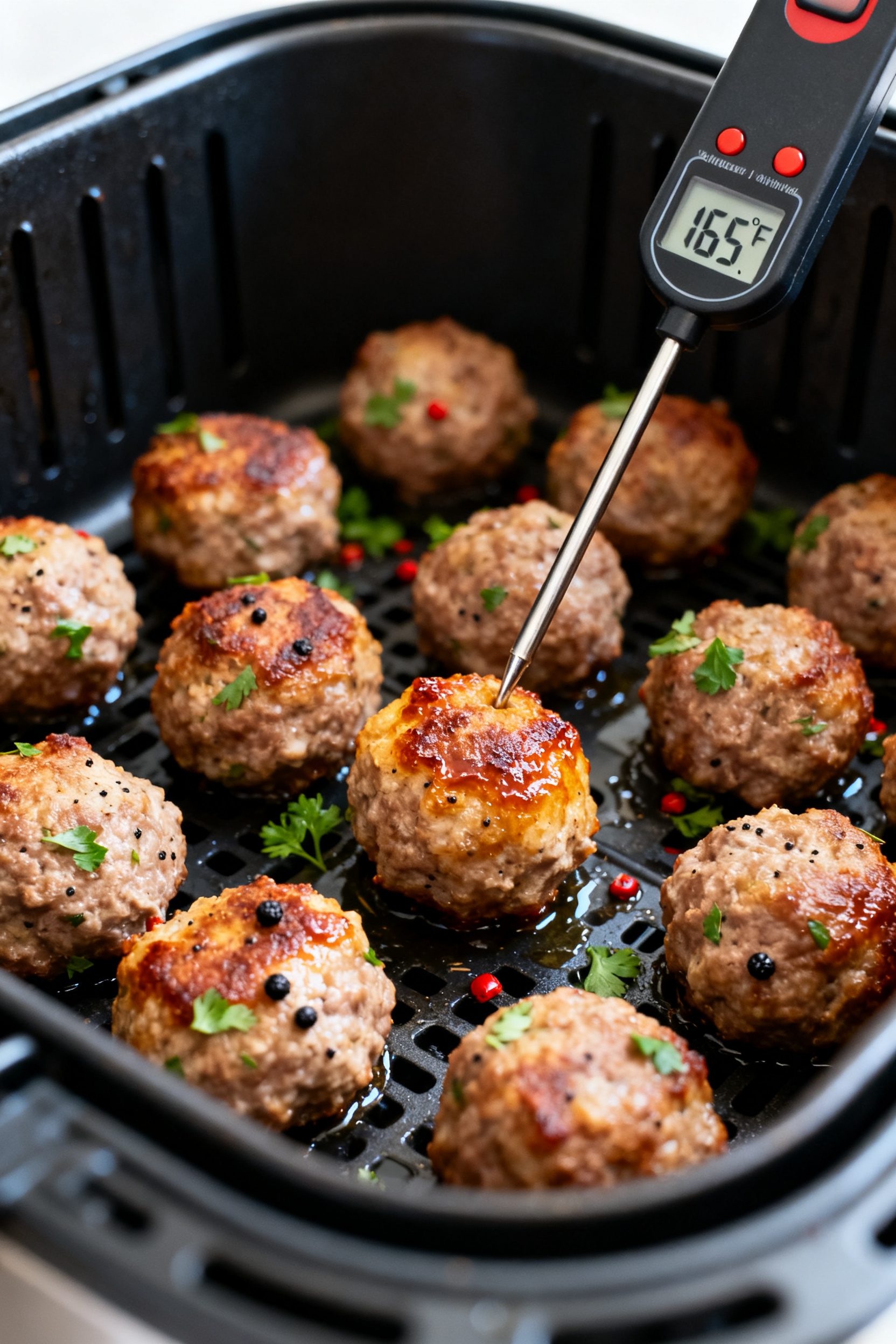 Cooking process — Air fryer basket loaded with evenly sized, fully cooked meatballs in a single la