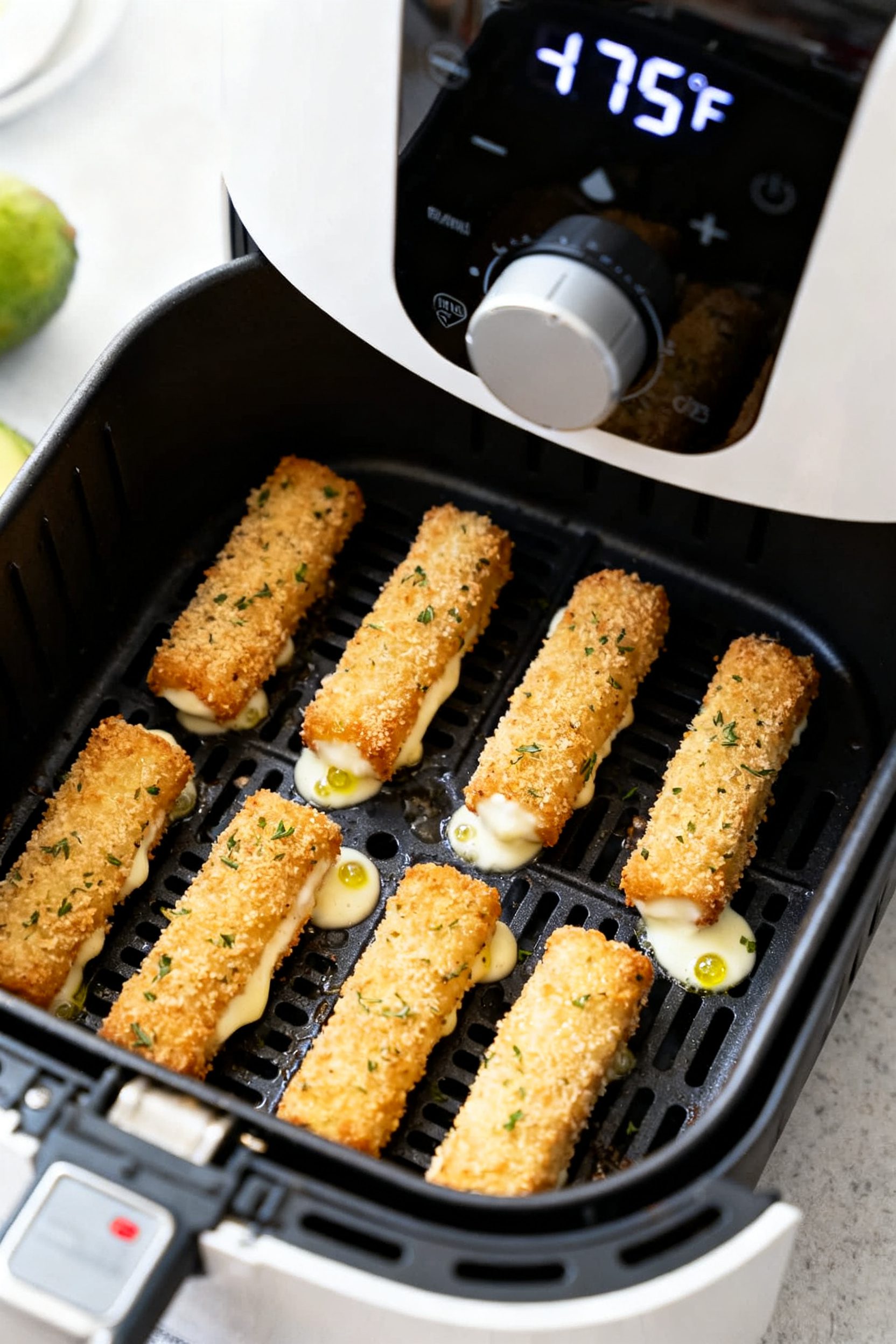 Cooking process: Air fryer basket mid-cook, overhead shot of evenly spaced, double-coated mozzarella
