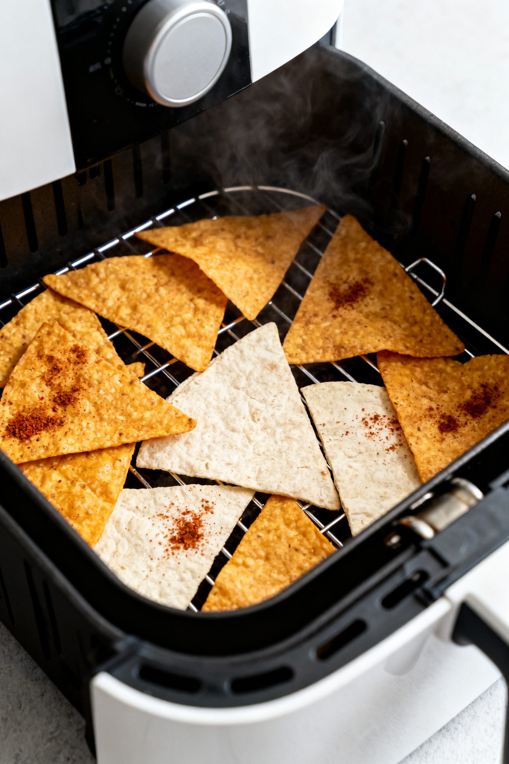 Cooking process: Air fryer basket open mid-cook showing a single, non-overlapping layer of tortilla 