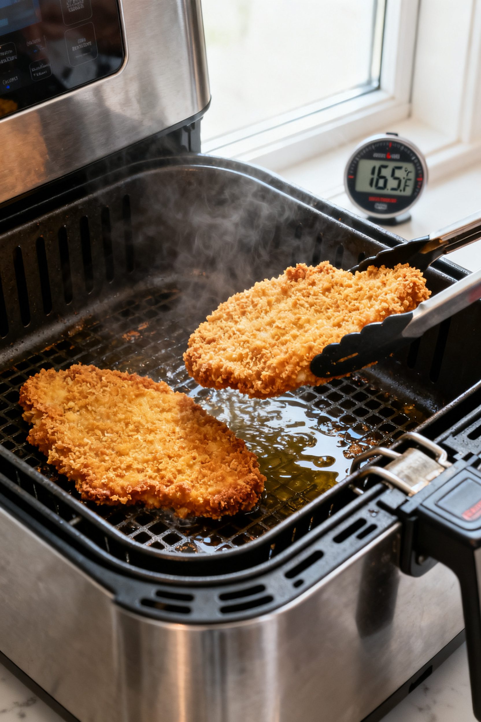 Cooking process: Air fryer basket scene with two breaded schnitzels mid-cook at 400°F, evenly space