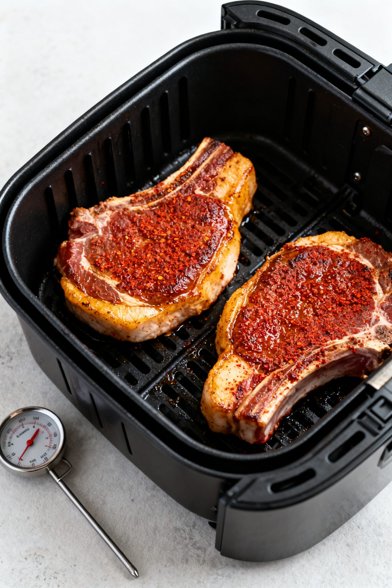 Cooking process: Air fryer basket shot with two seasoned boneless pork chops mid-cook at 400°F, gol