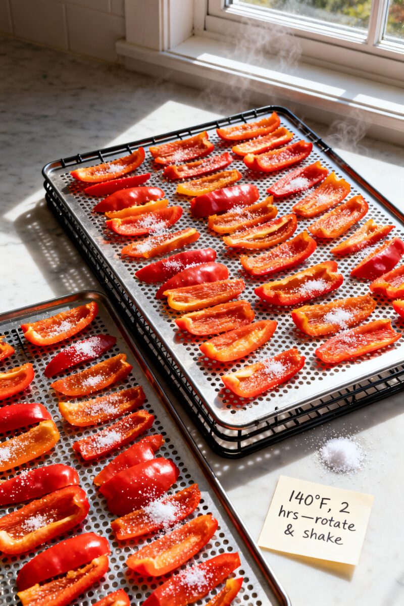 Cooking process: Air fryer dehydration in action—overhead shot of evenly sliced pepper strips arra