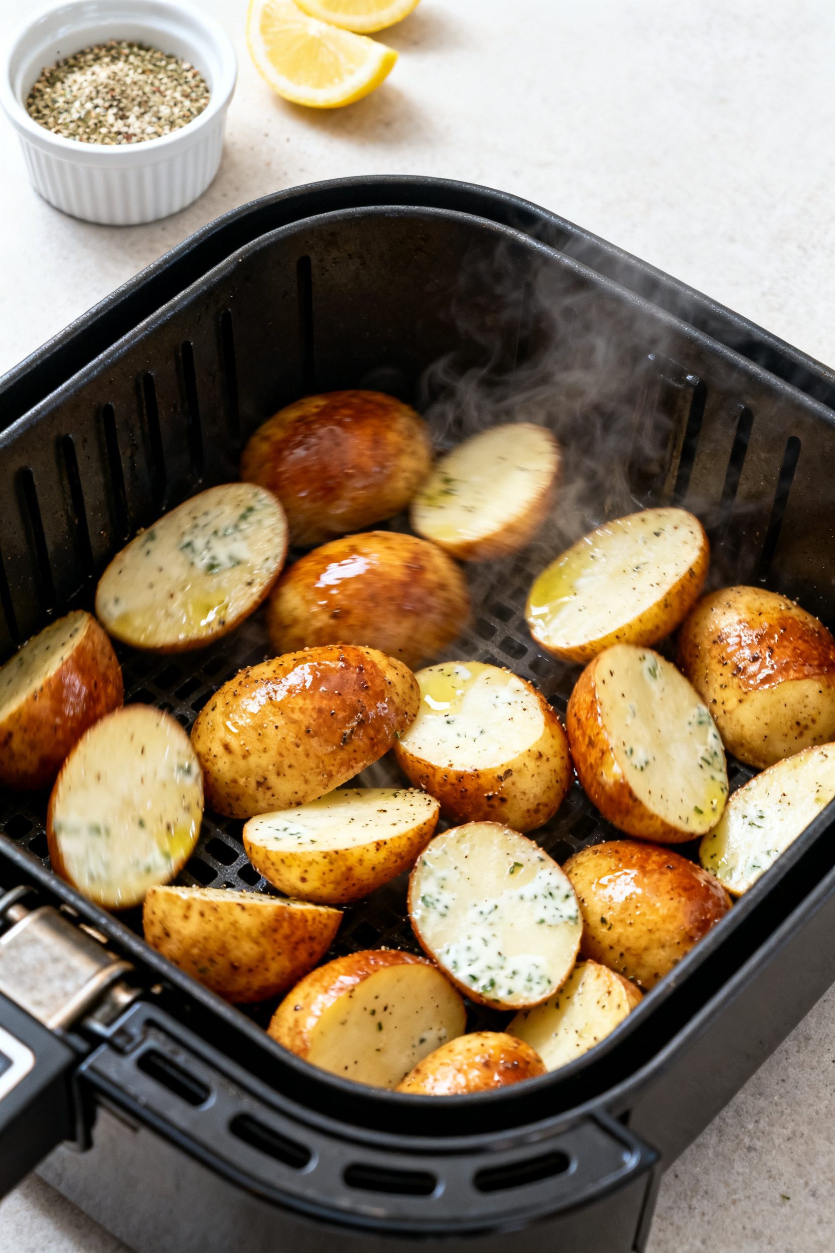 Cooking process: Air Fryer Ranch Potatoes mid-cook being shaken in a hot preheated basket at 400°F,