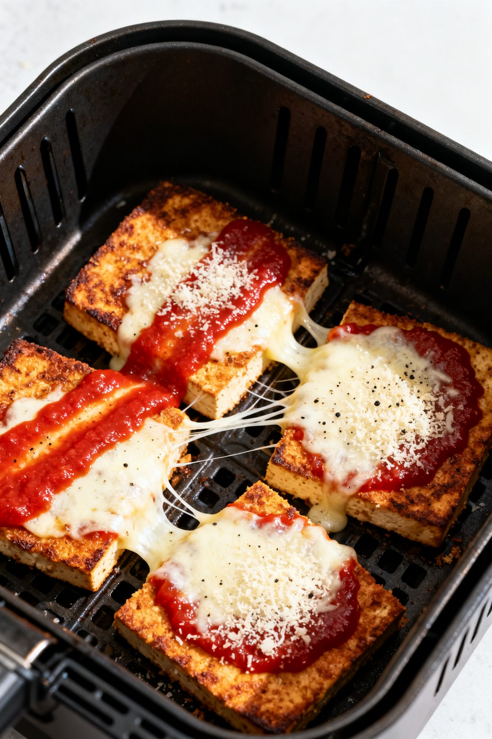 Cooking process: Air Fryer Tofu Parmesan in the finishing stage—overhead shot of cutlets in the ba