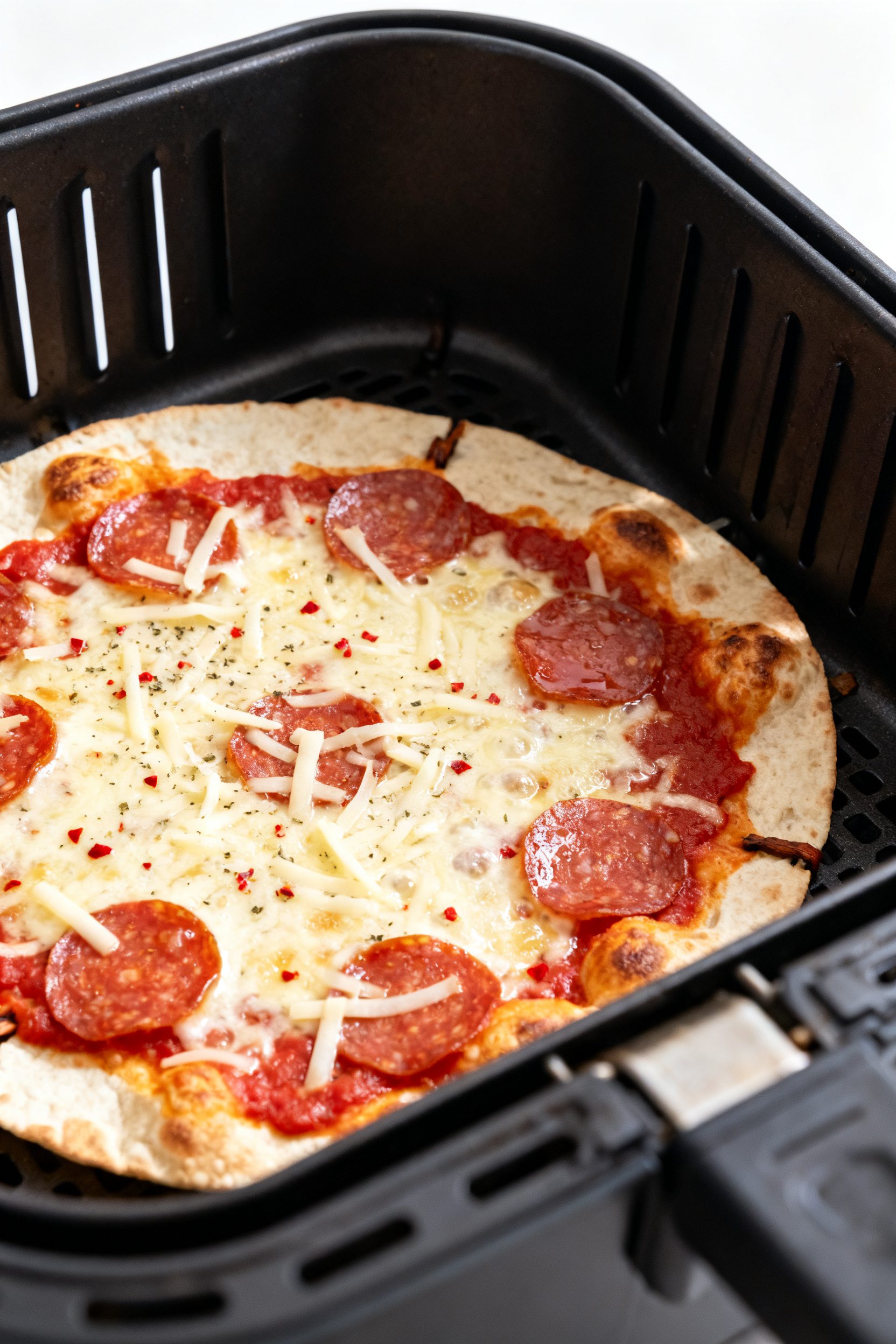 Cooking process — Air fryer tortilla pizza mid-cook: close-up of a par-crisped low-carb tortilla i