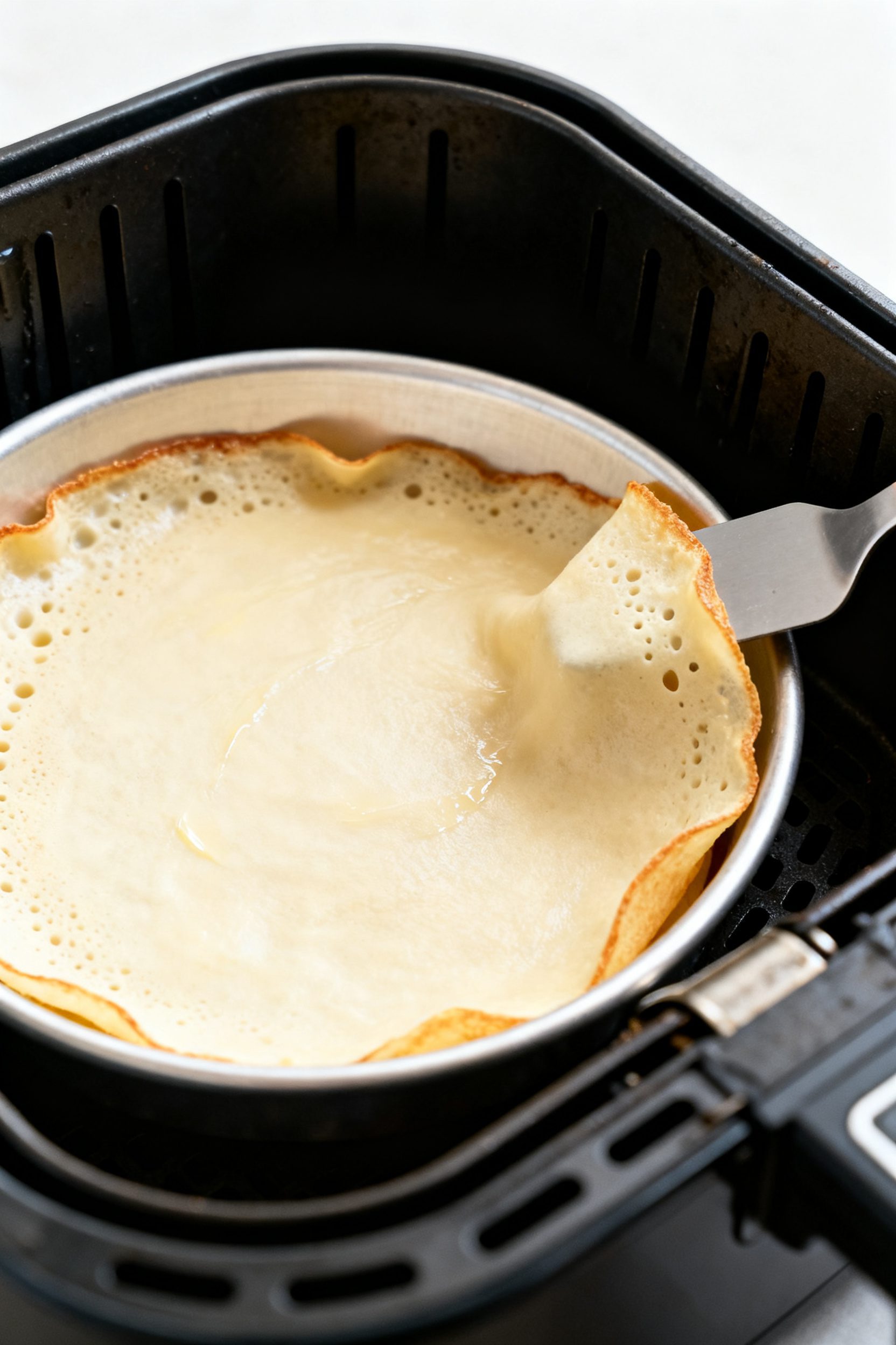Cooking process close-up: A thin layer of crepe batter just set in a preheated 7–8 inch metal cake