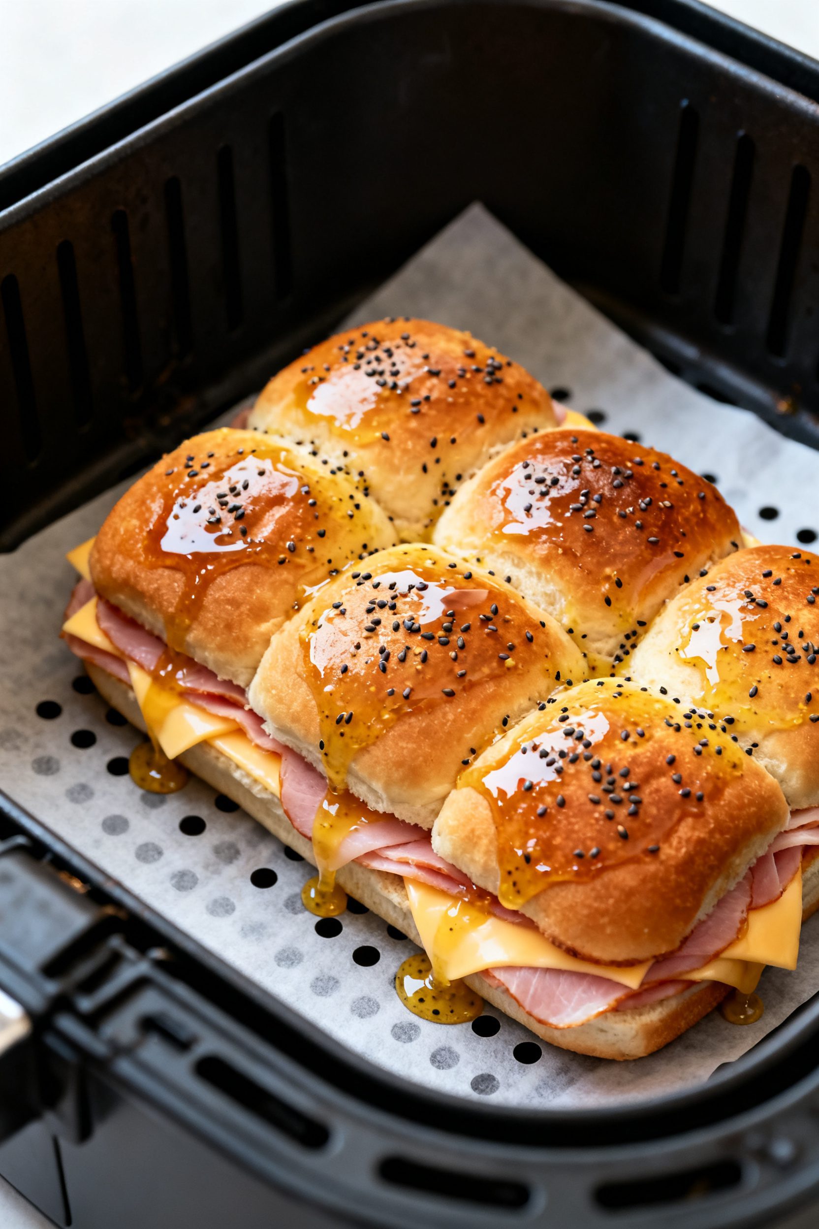 Cooking process close-up: A whole slab of assembled ham and Swiss sliders in an air fryer basket lin
