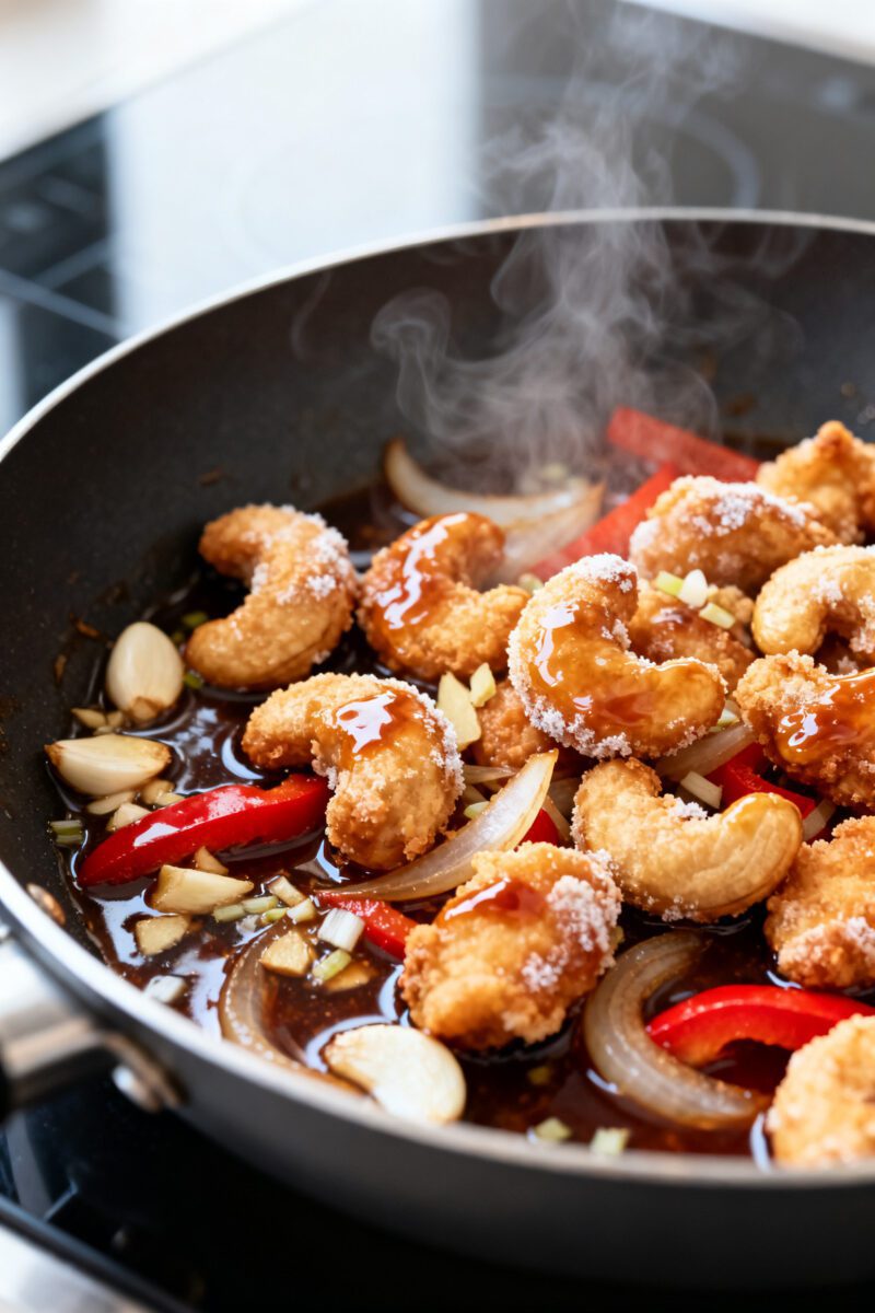 Cooking process close-up: Air-fried cashew chicken bites just out of the basket, golden-brown edges