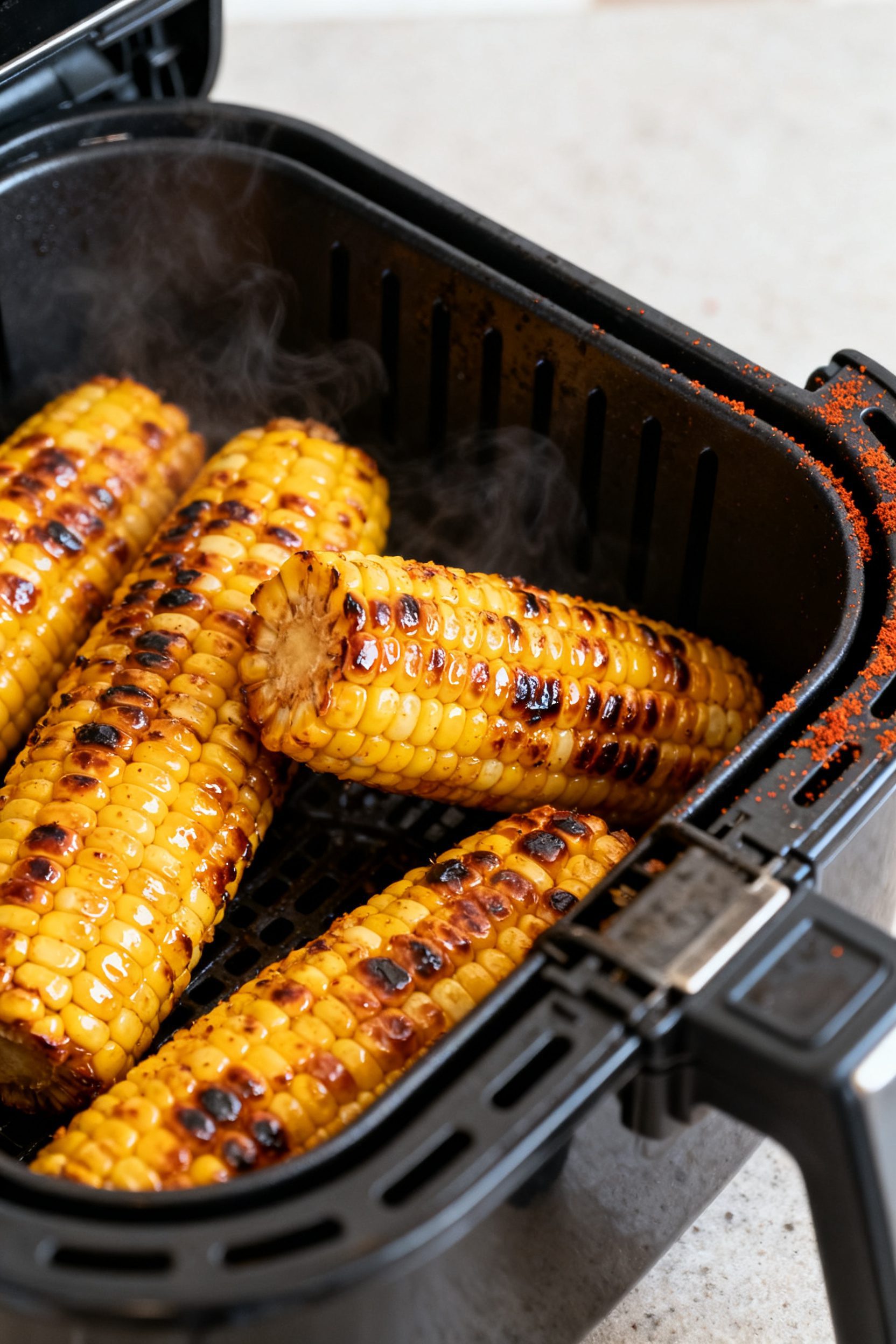 Cooking process close-up: Air-fried corn on the cob at the 10–12 minute mark inside an open air fr