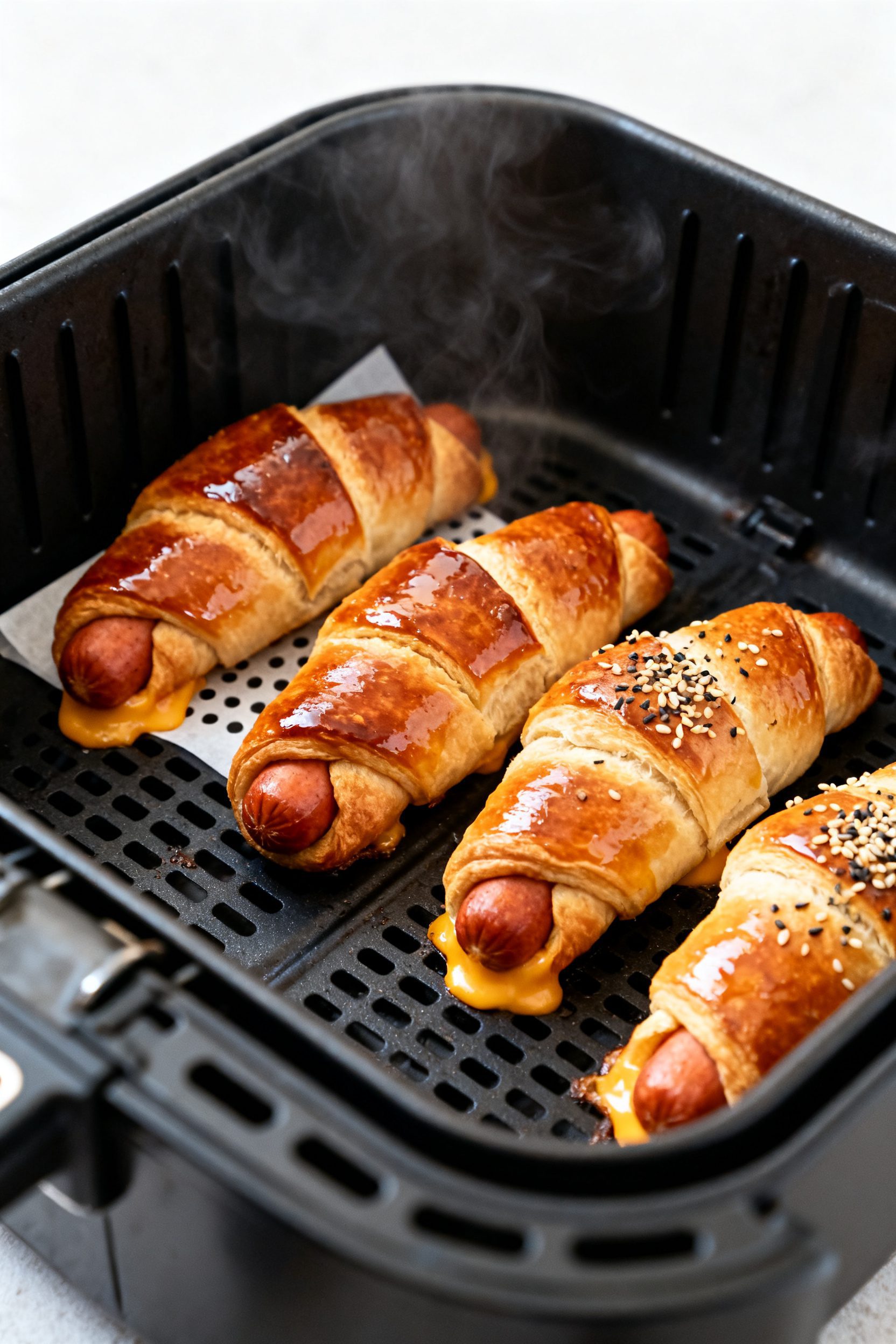 Cooking process close-up: Air fryer basket at 350°F with 4–6 crescent roll hot dogs mid-cook, top