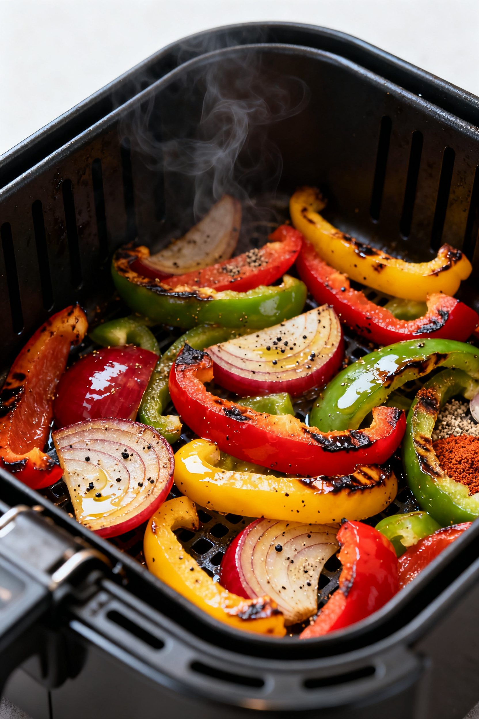 Cooking process close-up: Air fryer basket at 380°F filled with sliced, cooked bell peppers (red, y