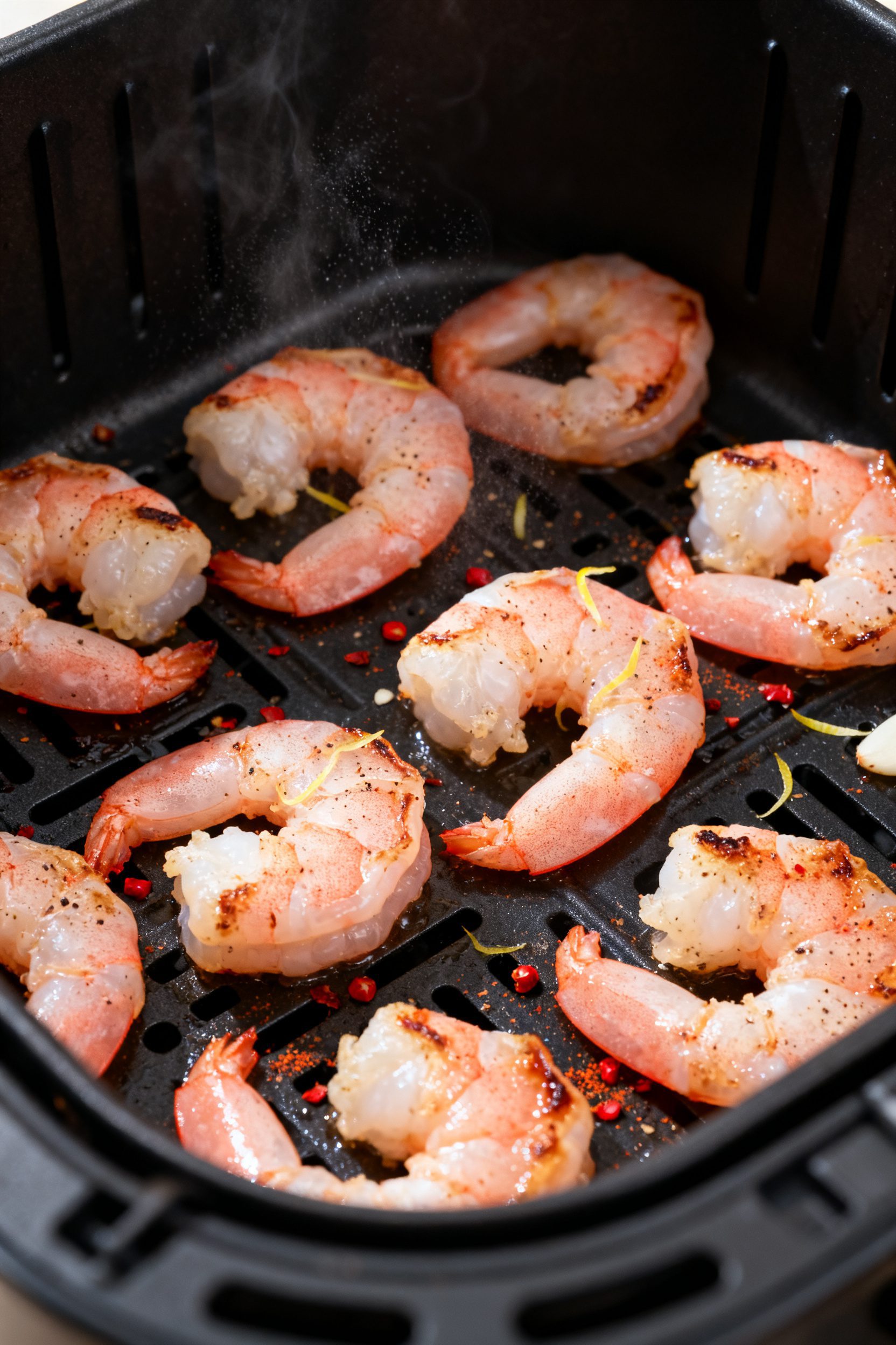 Cooking process close-up: Air fryer basket at 400°F with a single-layer of cooked shrimp just finis