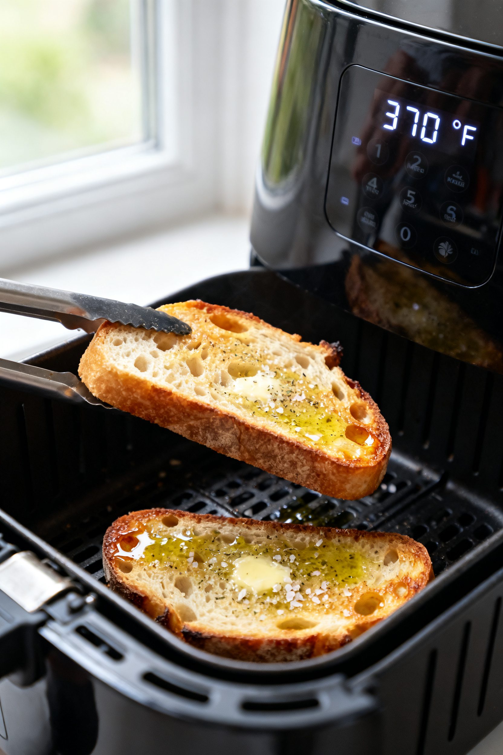 Cooking process close-up: Air fryer basket pulled open mid-cook showing two slices of golden-brownin