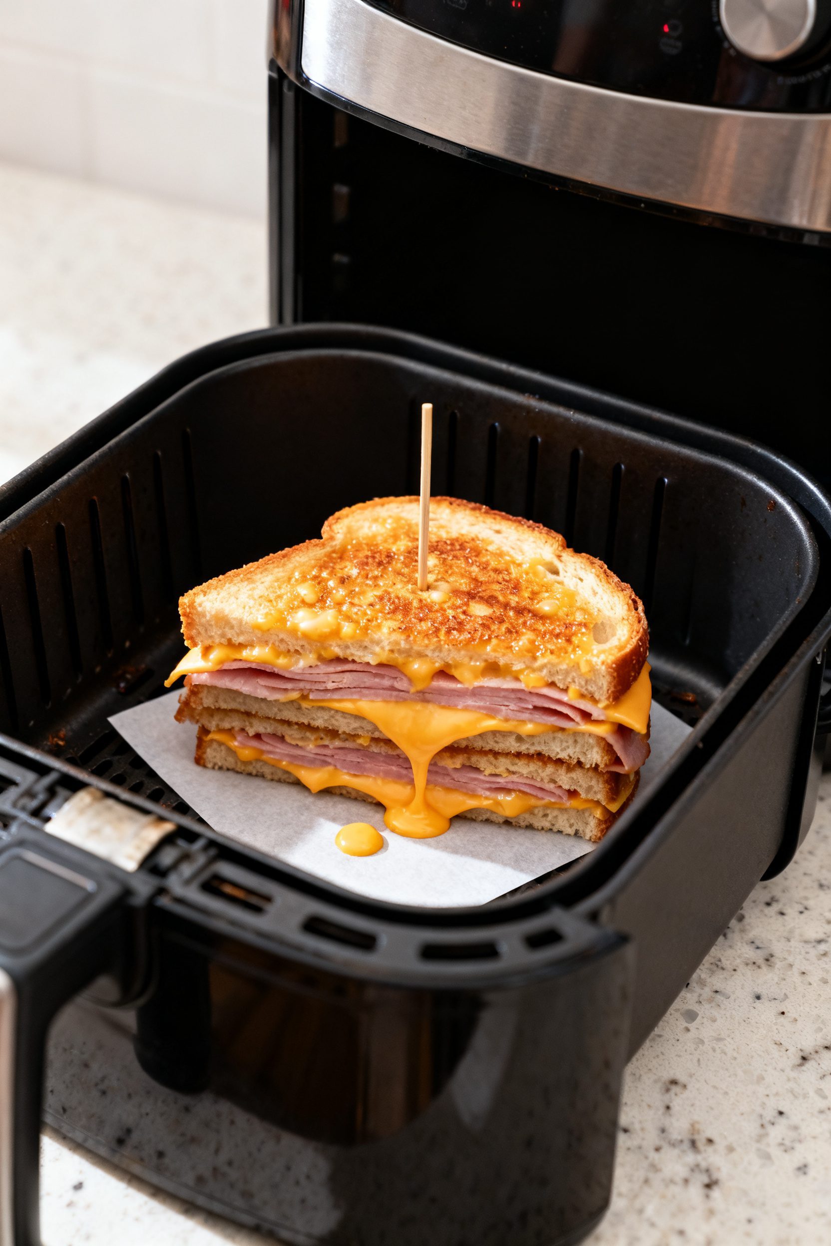 Cooking process close-up: Air fryer basket slightly ajar with a hot ham and cheese sandwich mid-cook