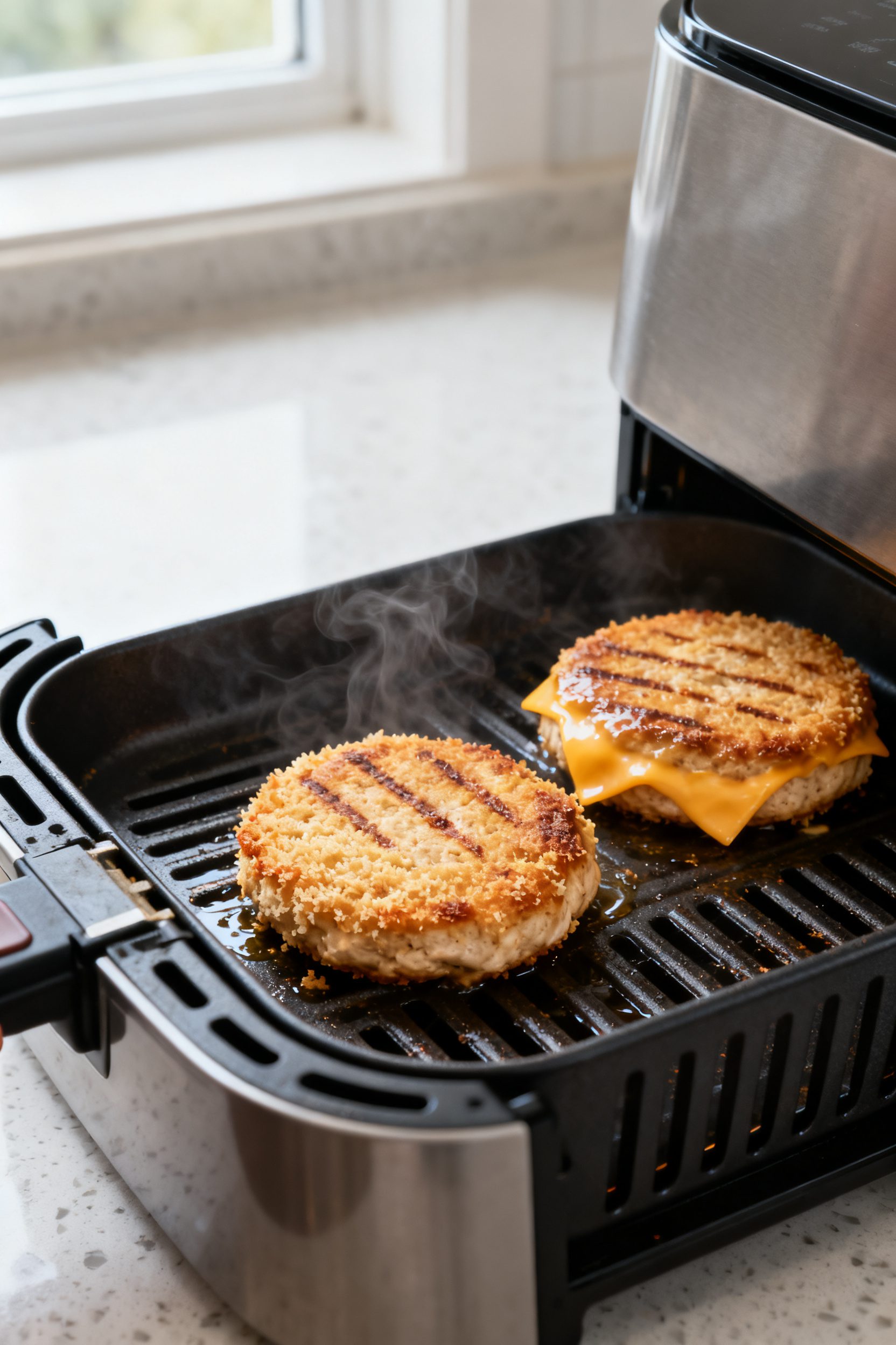 Cooking process close-up: Air fryer drawer open with two golden-brown chicken burger patties just fl
