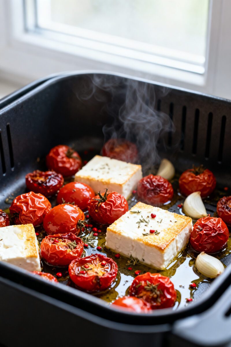 Cooking process close-up: Air fryer-safe dish just pulled from the basket at 375°F, showing burst,