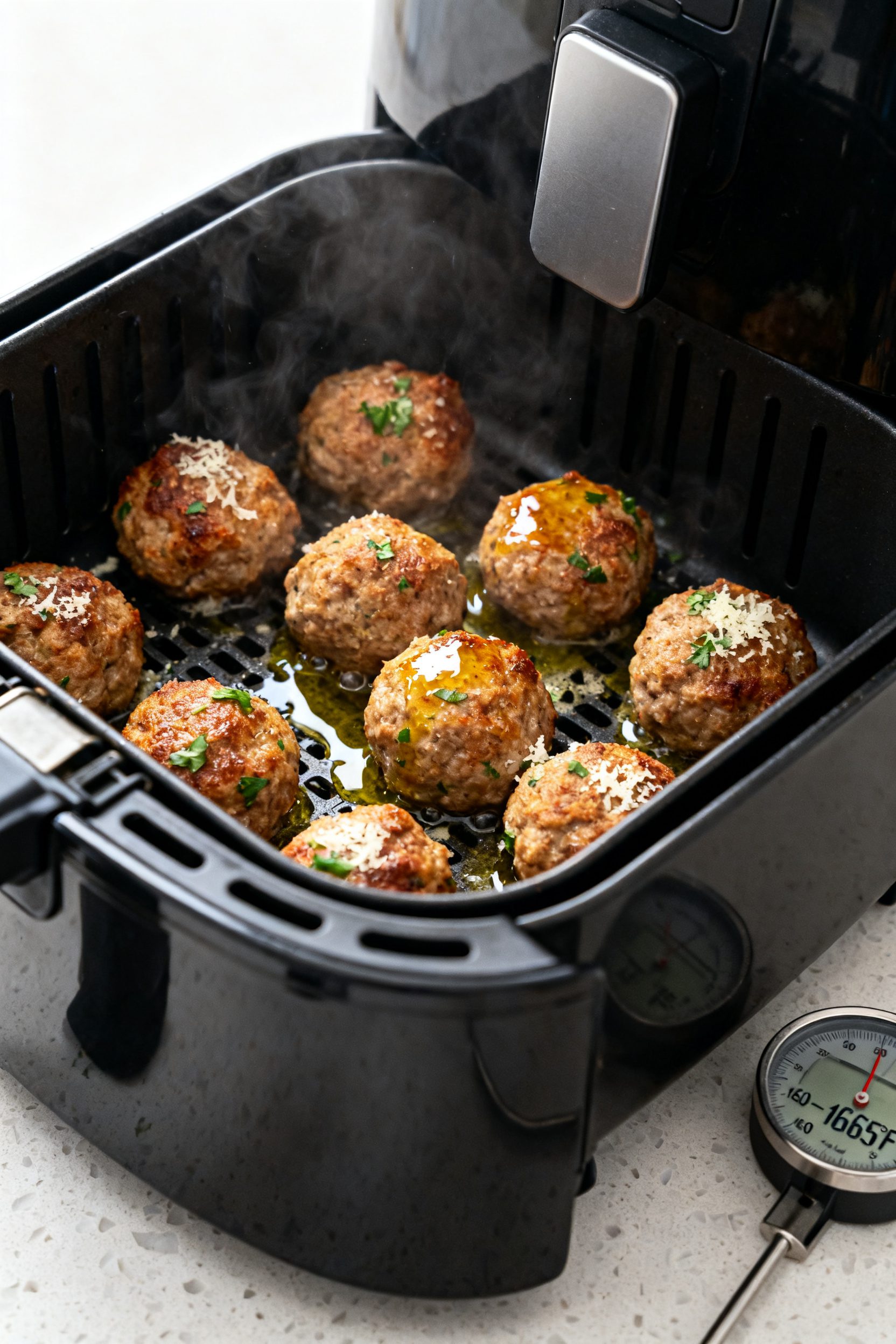 Cooking process, close-up detail: Air-fried meatballs mid-cook in an open air fryer basket, golden-b