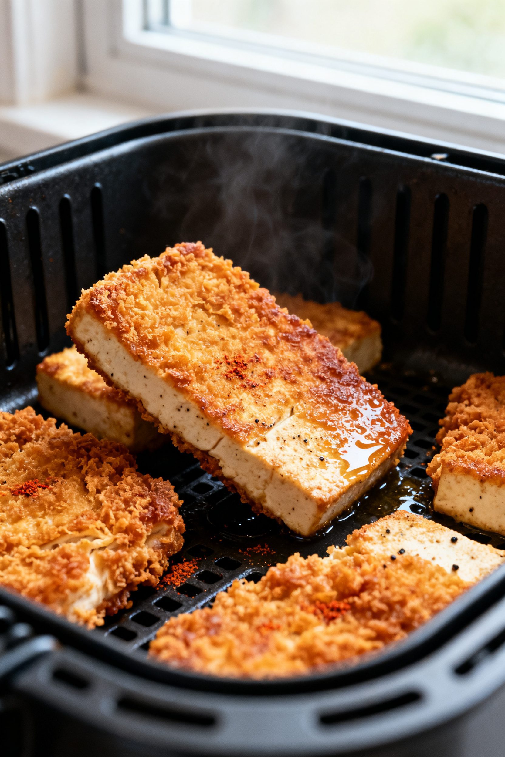 Cooking process, close-up detail: Air fryer basket at 400°F with breaded chicken fried tofu cutlets
