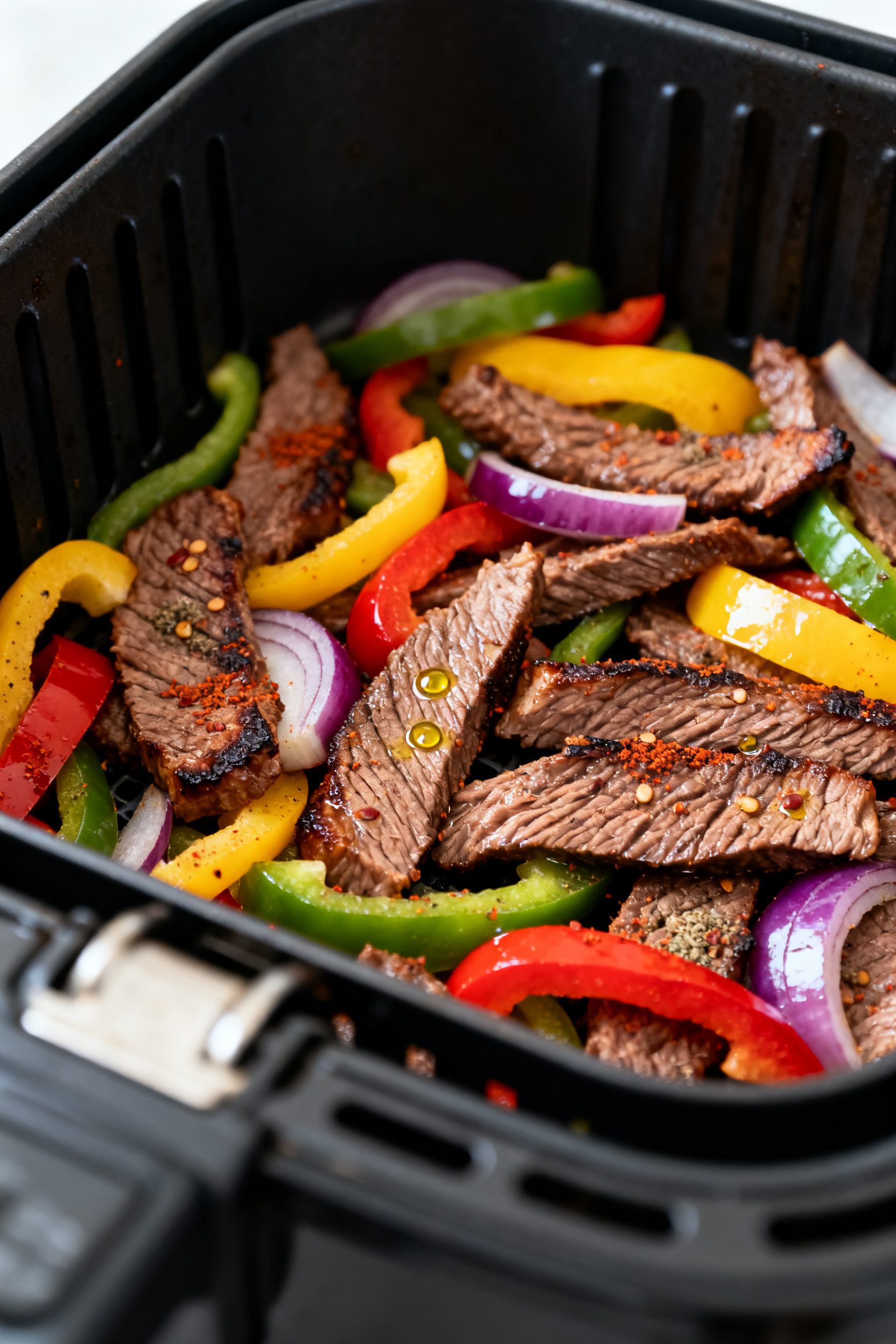 Cooking process, close-up detail: Close-up of sizzling air-fried beef fajitas midway through cooking
