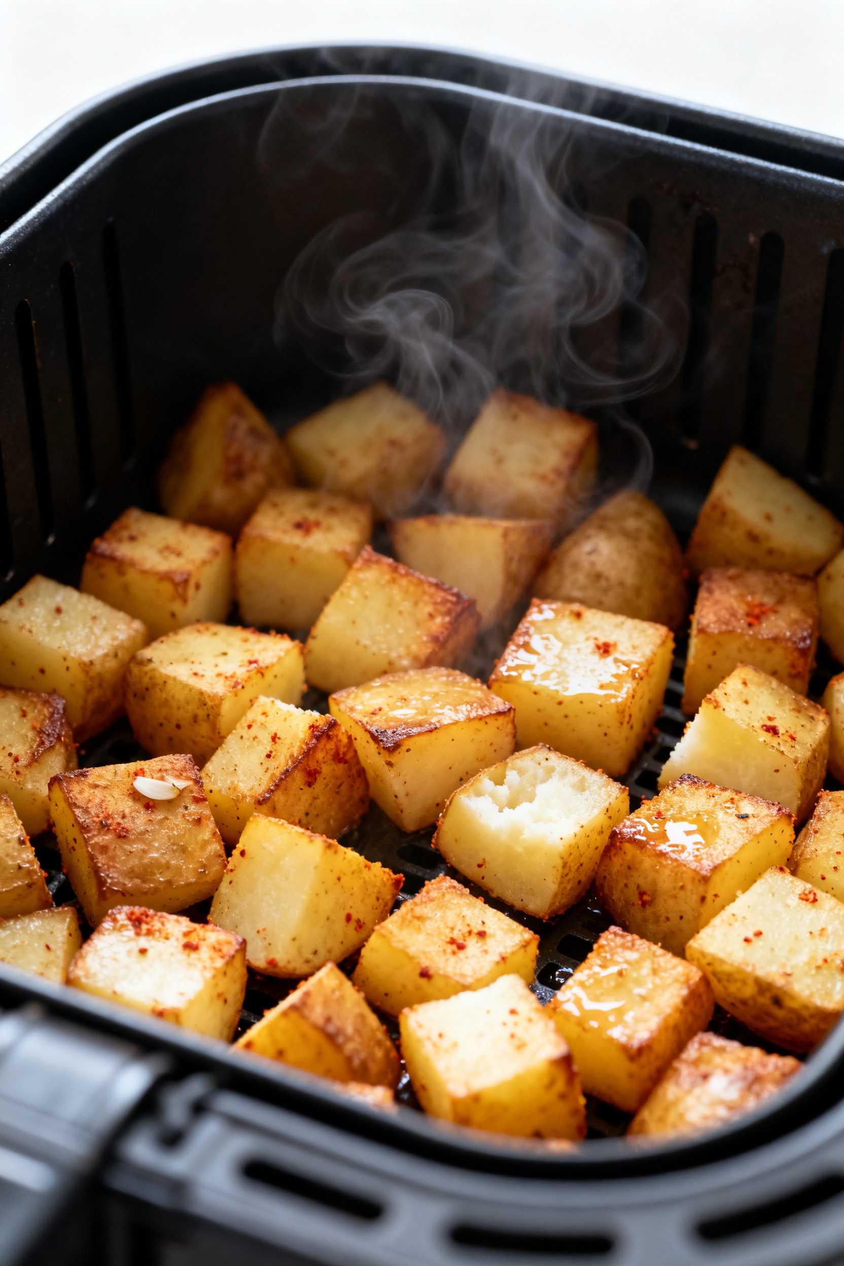 Cooking process, close-up detail: Golden-browning air fryer potato cubes mid-cook in a preheated bas