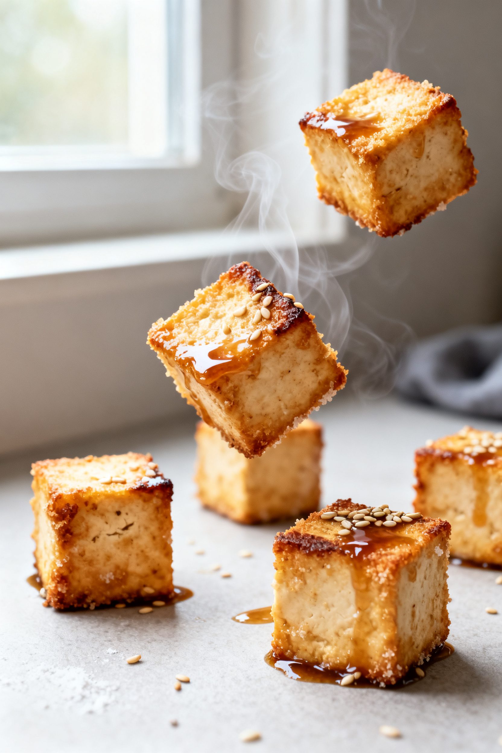 Cooking process, close-up detail: Golden, crisp-edged air-fried tofu cubes just finished in the bask