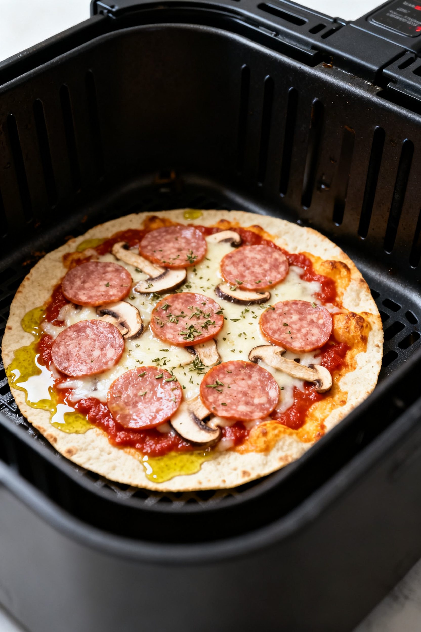 Cooking process close-up: Low carb tortilla pizza par-crisping in an air fryer basket at 375°F—to