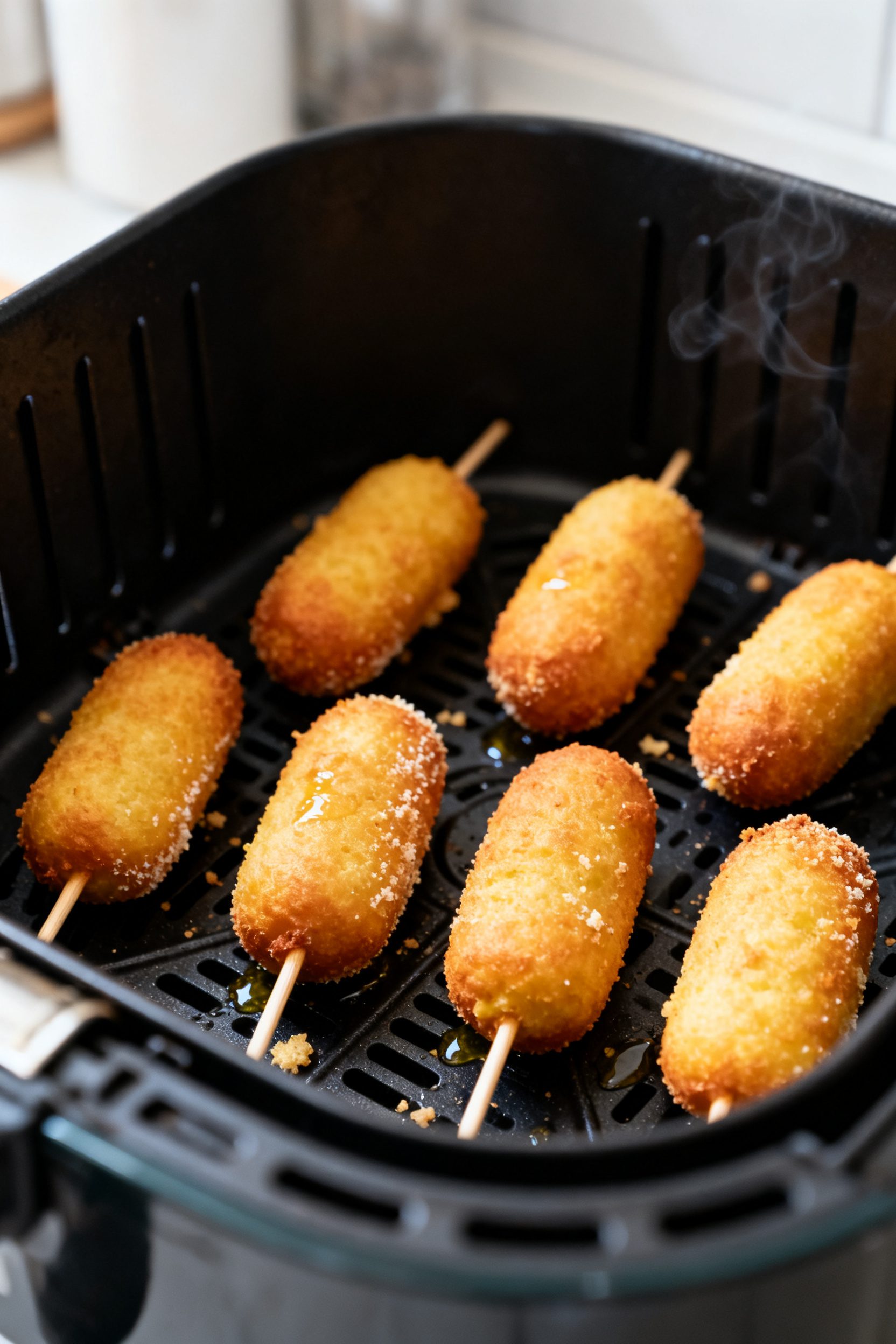 Cooking process close-up: Mini corn dogs in an open air fryer basket at 375°F, mid-cook flip moment