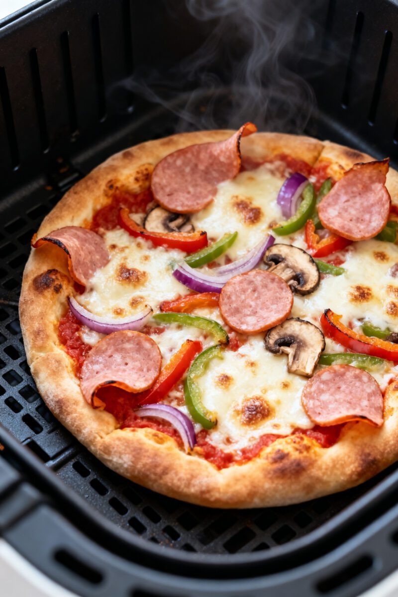 Cooking process close-up: Personal-sized air fryer pizza mid-cook at 380°F inside the air fryer bas