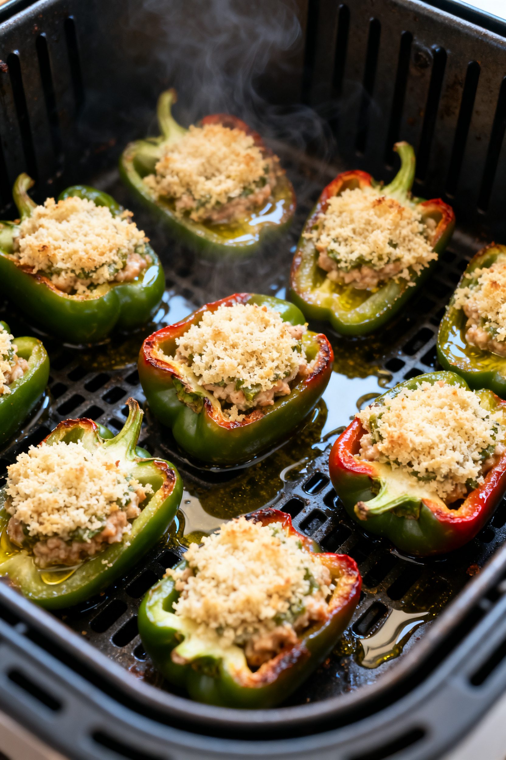 Cooking process: Filled peppers arranged in a single, well-spaced layer in a preheated air fryer bas