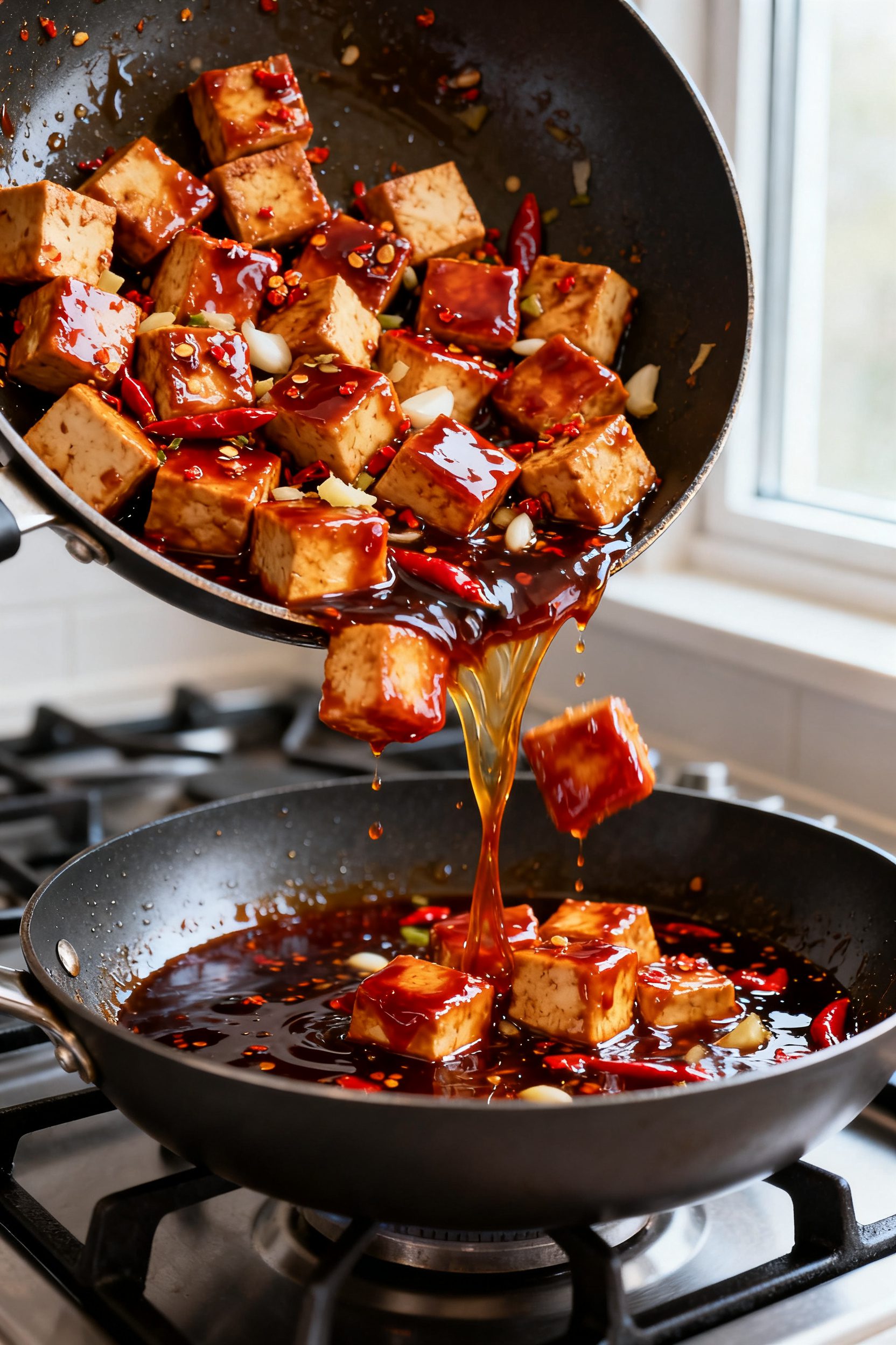 Cooking process: Hot skillet scene with glossy General Tso sauce thickening and lacquer-coating the 