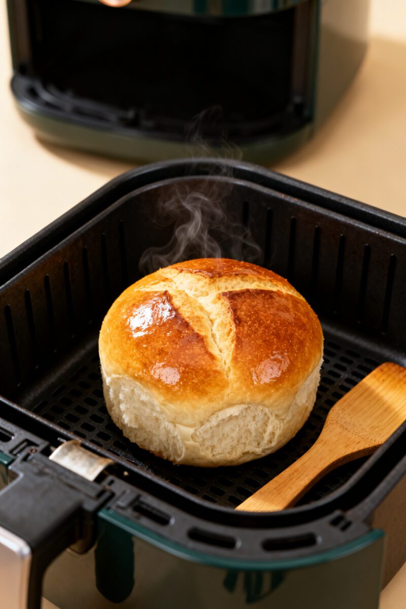Cooking process, mid-bake: An air fryer basket with a small round no-yeast loaf (5–6 inches wide
